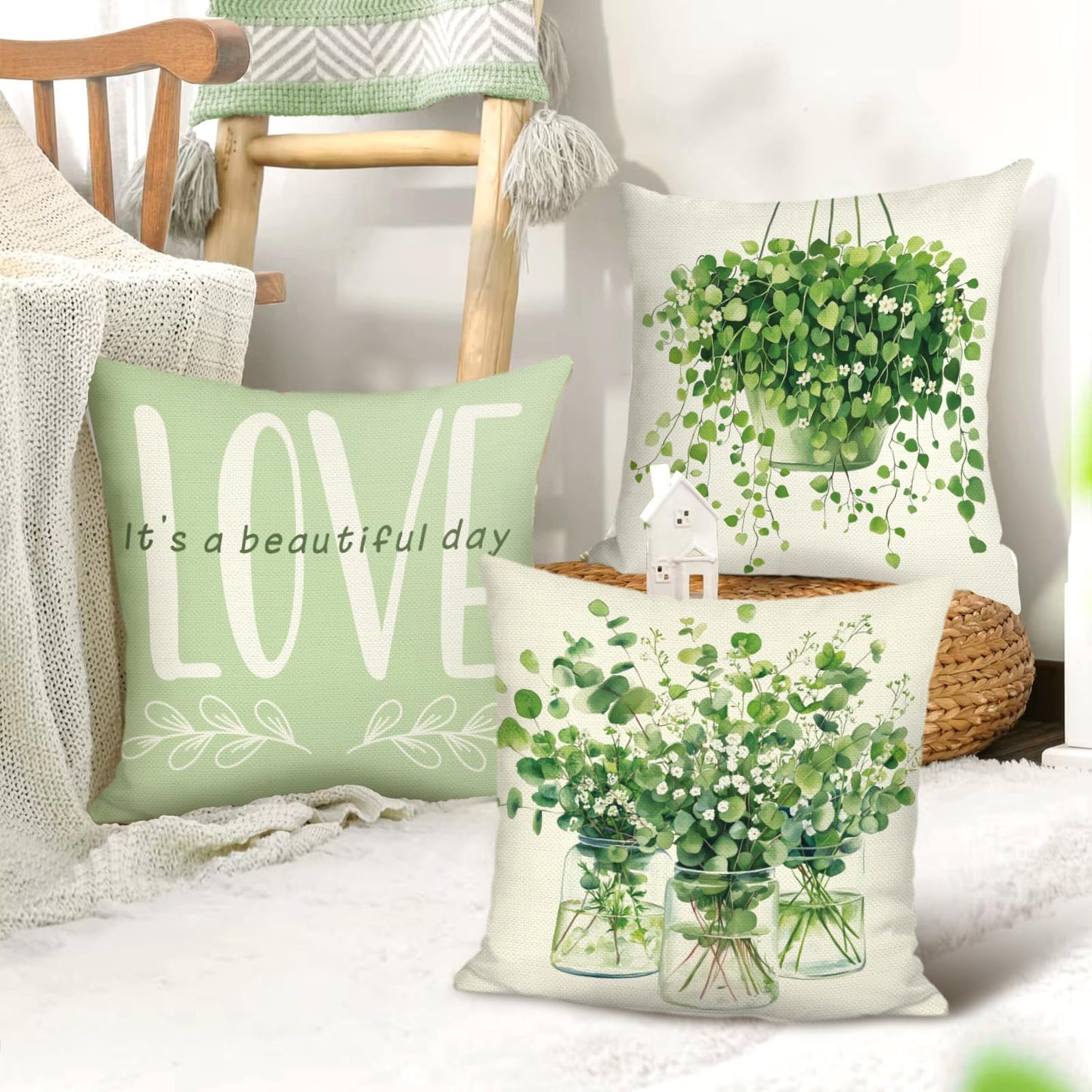 Joymaison Green Farmhouse Throw Pillow Covers 18x18 Inch Set of 4 Green Plants Leaves Cushion Covers Home Decor for Couch Cushion Cases