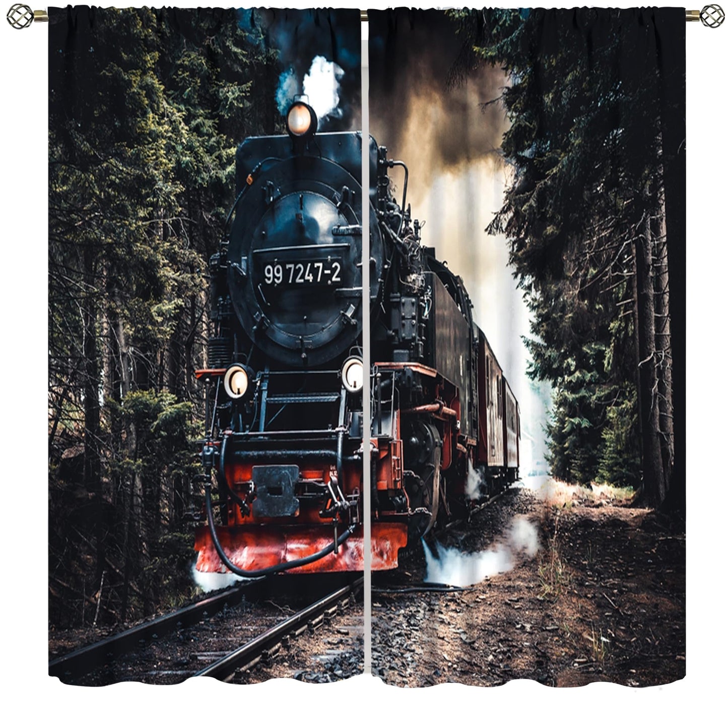 Train Curtains, Retro Country Forest Steam Train Pattern Drapes for Bedroom Living Room Kitchen Window Treatment 2 Panels Set Total Size 42" W X 45" L Inch