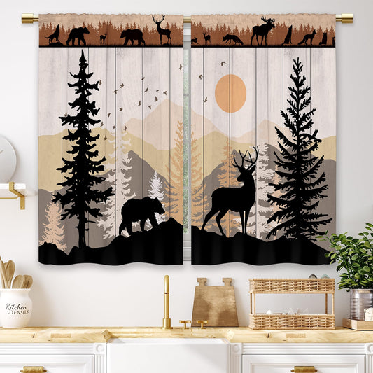 Laifzere Farmhouse Forest Cabin Kitchen Curtains Rustic Wooden Small Short Cafe Window Curtains Tree Country Deer Bear Rod Pocket Bathroom Window Drapes Treatment Tier Curtains 2 Panels (27.5x39 Inch)