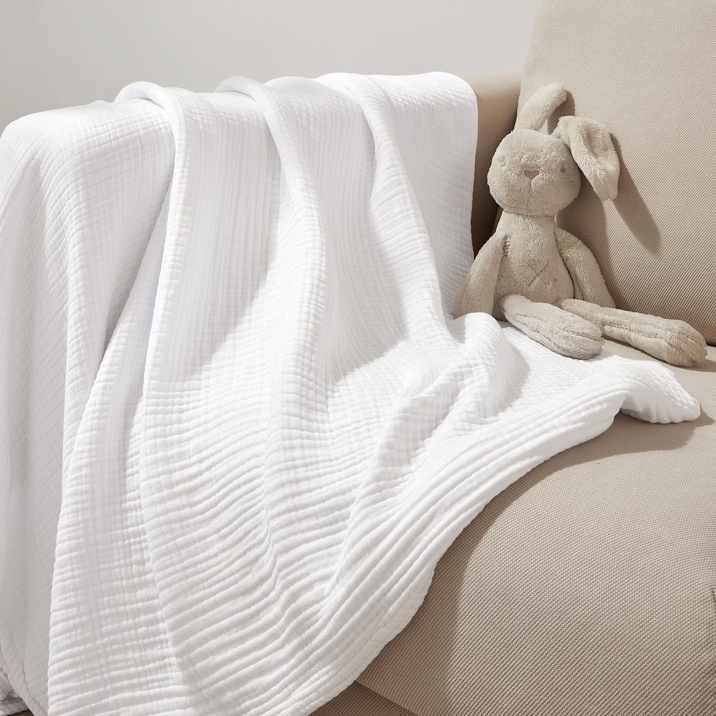 PHF 100% Cotton Muslin Throw Blanket 50" x 60", 4-Layer Lightweight Gauze Throw, Breathable Cloud-Soft Minimalist Blanket for Bed, Couch, Camping & Baby, White, Ideal Gift