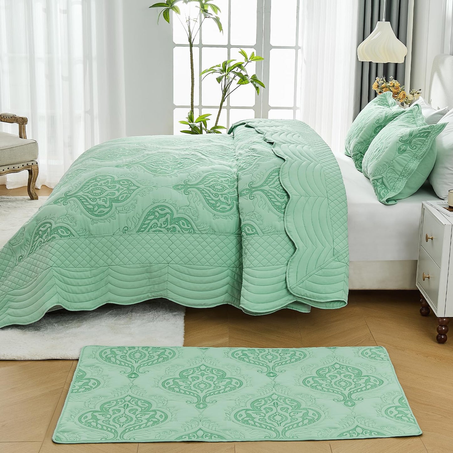DaisyHuang Oversized Bedspread Coverlet Set Queen Size - Lightweight Bedding Cover - Beautiful Stitching - 4 Piece Reversible Bedspread, Mint Green