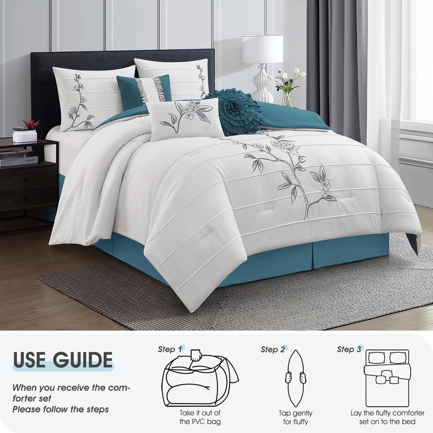 LANCO MODERN LIFESTYLE 7 Piece California King Comforter Set, Blue White, Floral Embroidery, Microfiber Pleating Bedding Set for All Seasons with Comforter, Bed Skirt, Pillow Shams and Decor Pillows