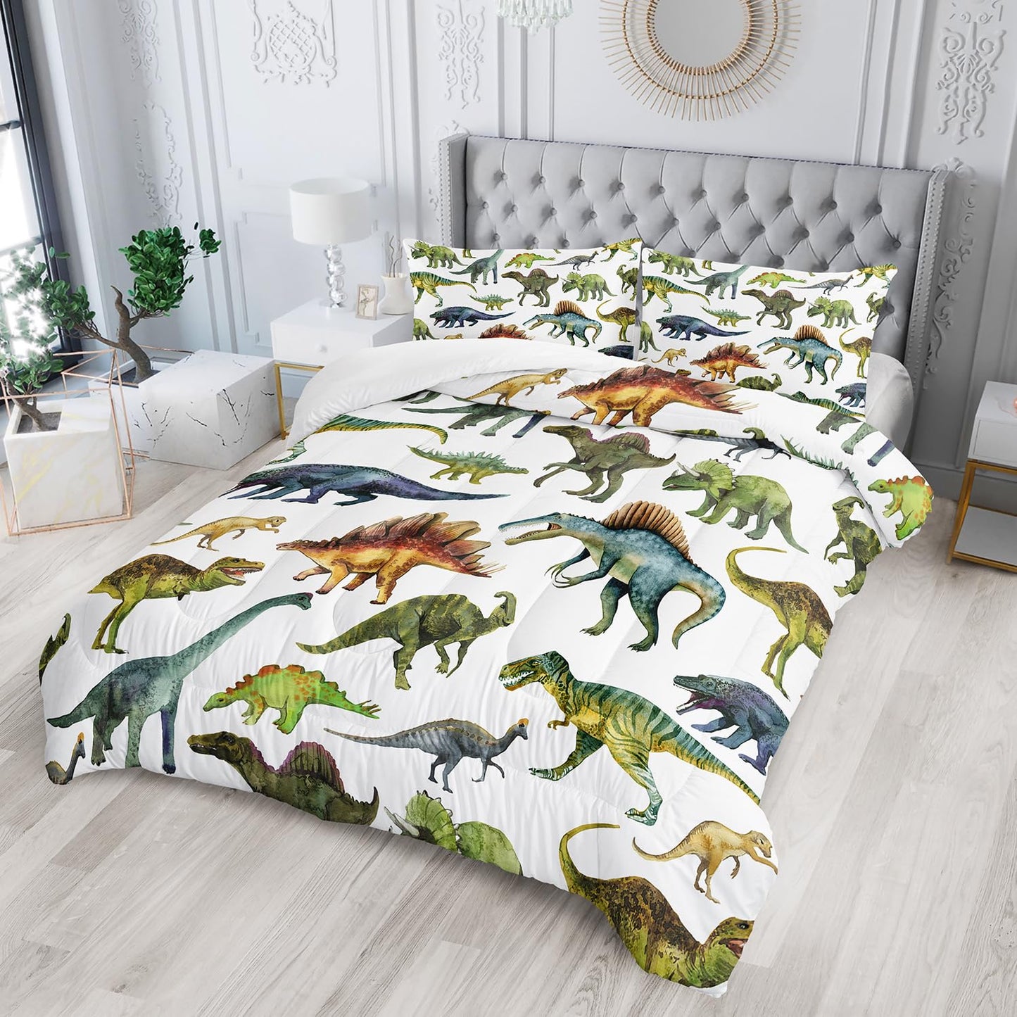 Nttopship Dinosaur Comforter Sets King，Dinosaur Printed Quilt Set for Bedroom Soft Microfiber All Season Print Quilt Set with 1 Comforter and 2 Pillow Case