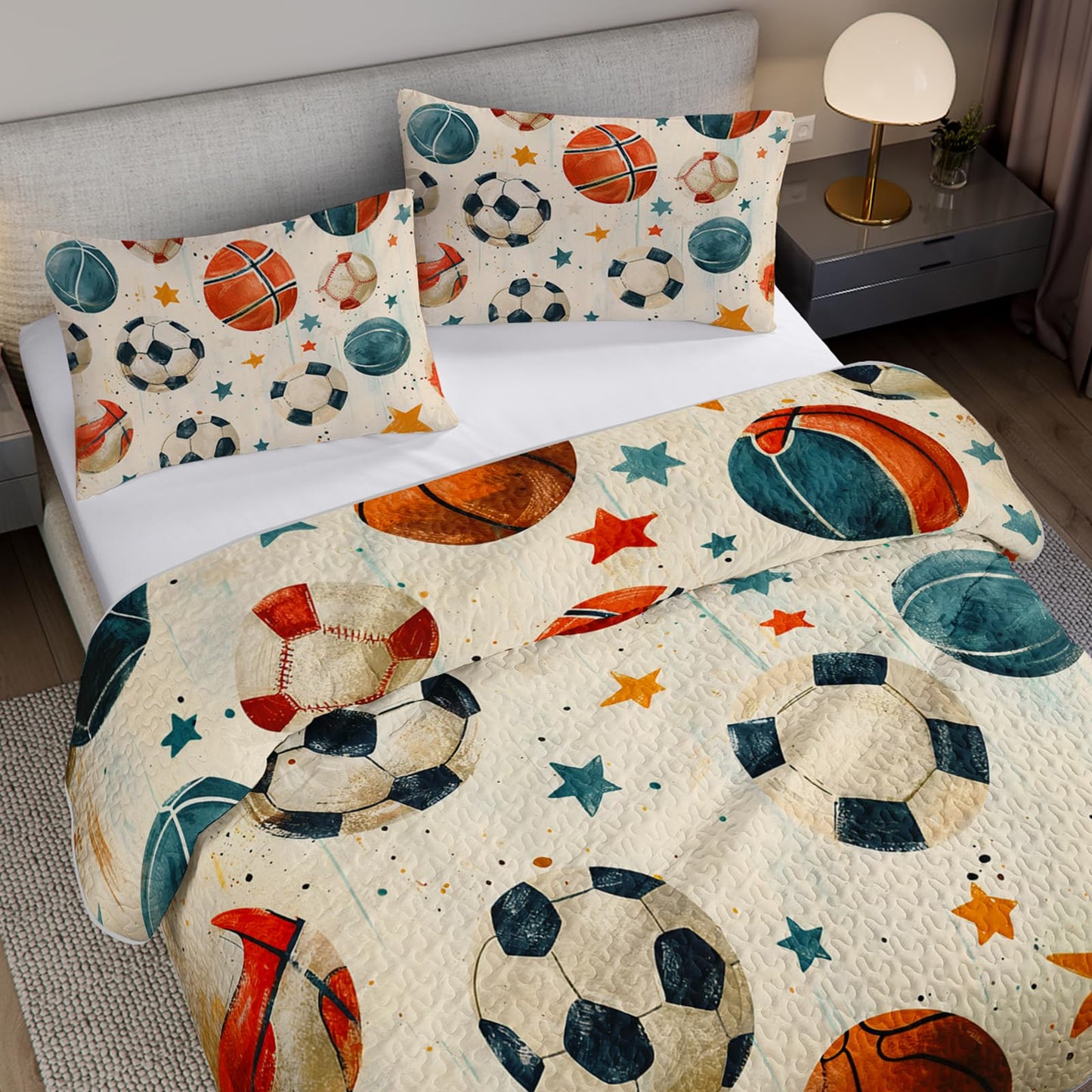 AILONEN Full Quilted Comforter Set 3 Piece, Hand-Drawn Ball Game Bedspread Coverlet with 2 Pillowcases, Soft Sporty Bedding for Teens Guest Apartment Beige Sketchy Starry Theme Athletic