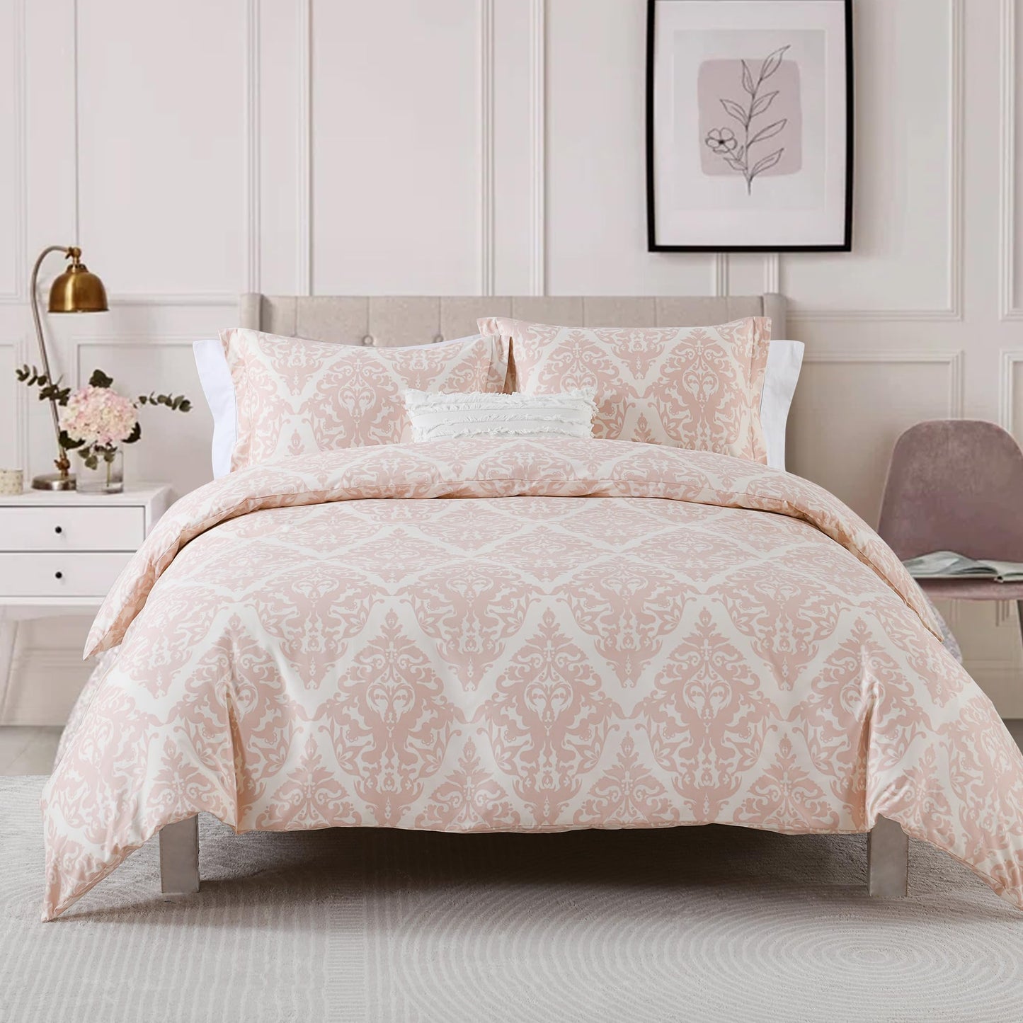 VOOVY Duvet Cover King - 100% Cotton Duvet Cover King Size, 3 Pieces Damask Medallion Super Soft Breathable Bedding Covers Set for All Season, (Pink, 104"x90", No Comforter)