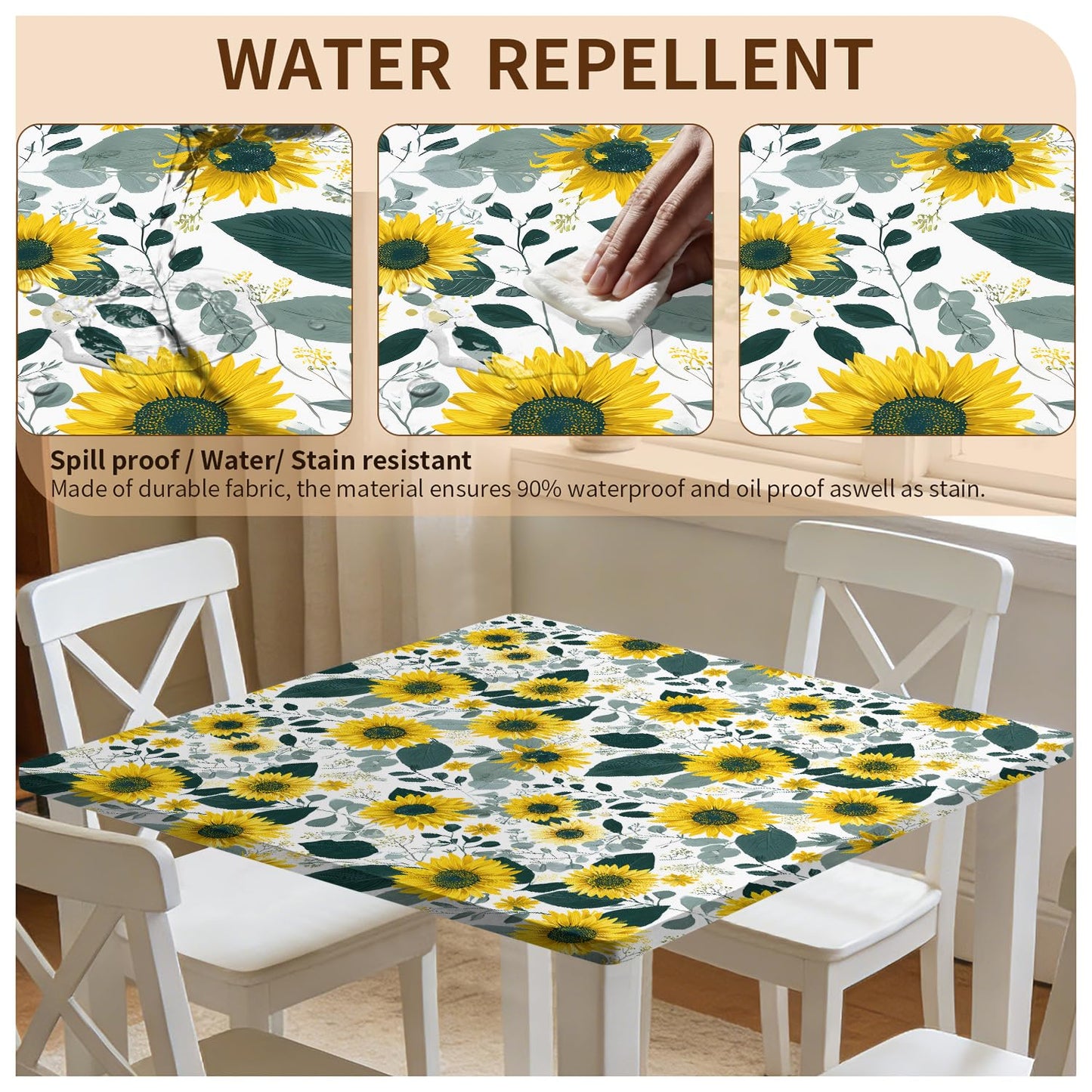 ARTSGOO Square Fitted Tablecloth with Elastic Edge Design Table Cover Waterproof Stain-Resistant Wipeable Table Cloth for Kitchen Dining Picnic Patio Outdoor Party Sunflower 34X34 Inch