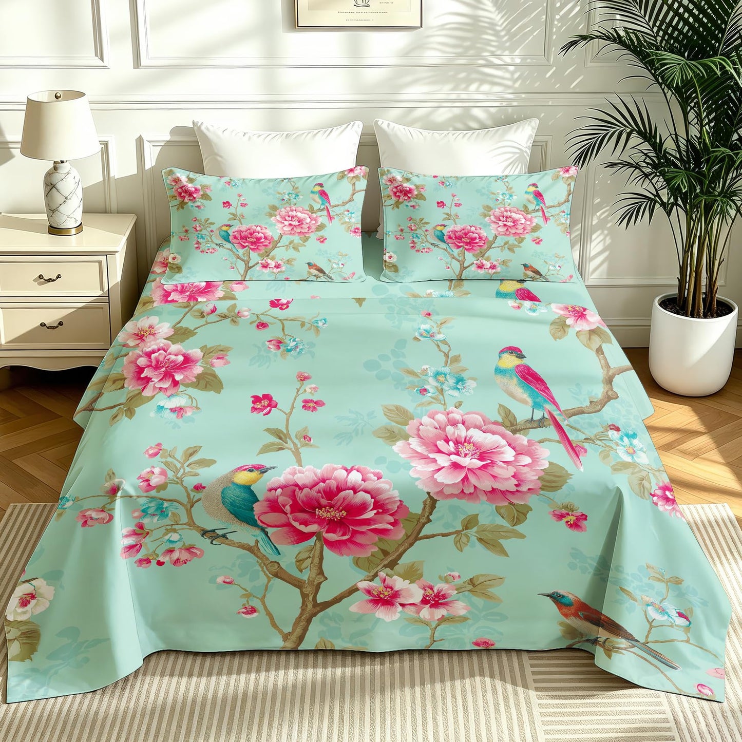 Bird and Peony Bedding Set 4 Pcs Chinoiserie King Sheets