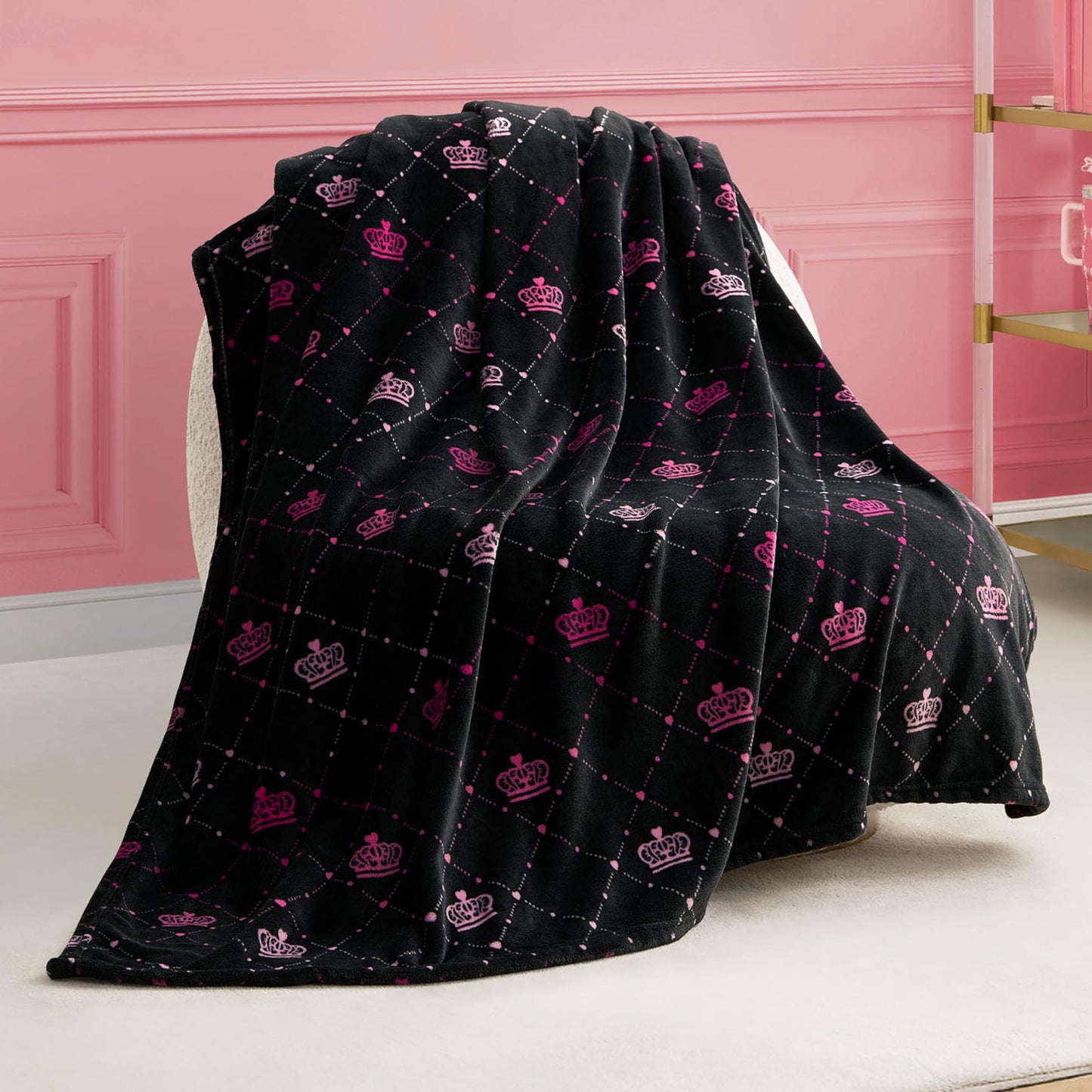 Juicy Couture Elegant Crown Diamond Ombre 50" x 70" Plush Throw Blanket, Black - Decorative Blankets for Sofas, Throws for Chairs, and Beds