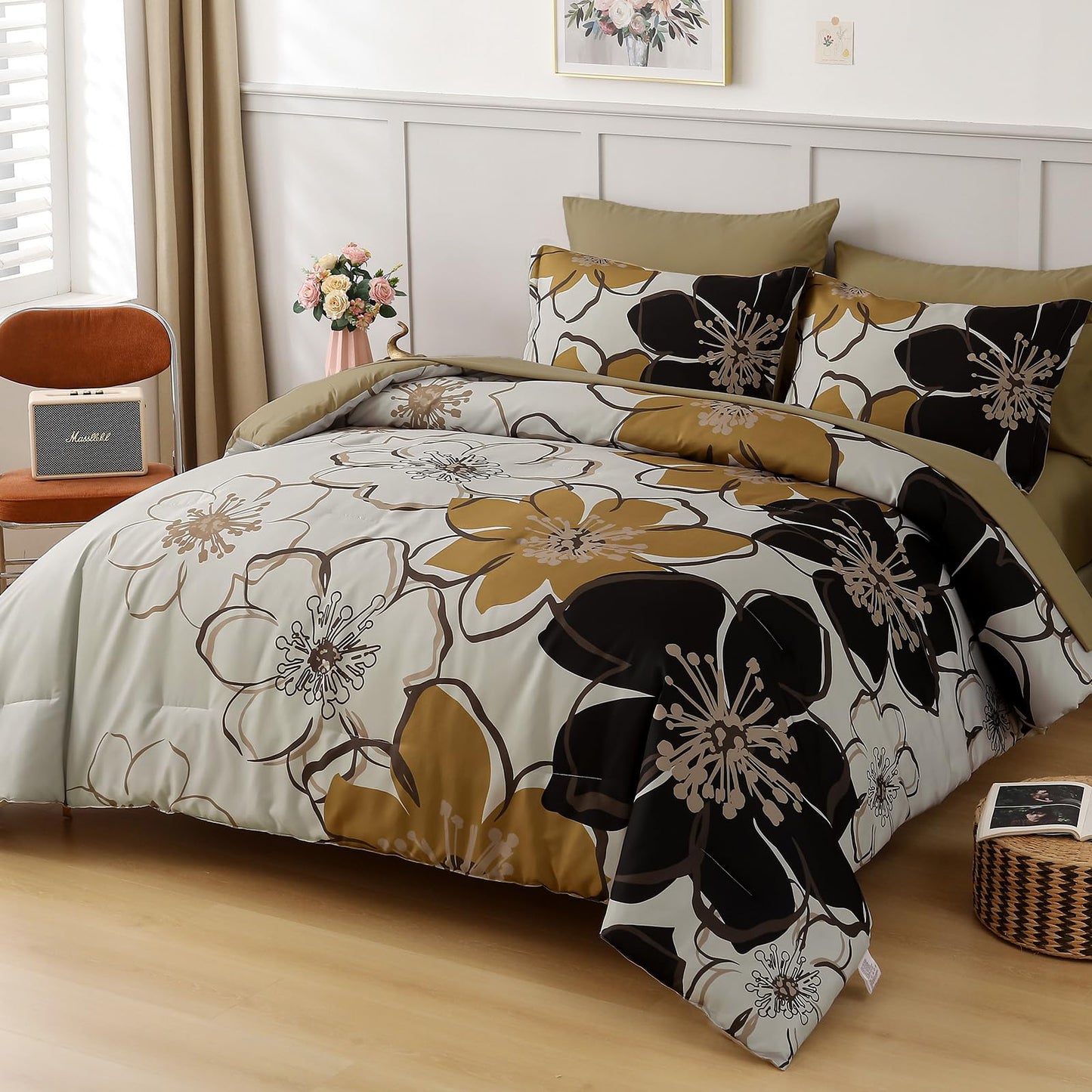 Anibedding 7 Pieces Floral Comforter Set Queen Size, Brown Black Flower Bedding Set Botanical Bed in a Bag Soft Microfiber Comforter Set with Sheets for All Season