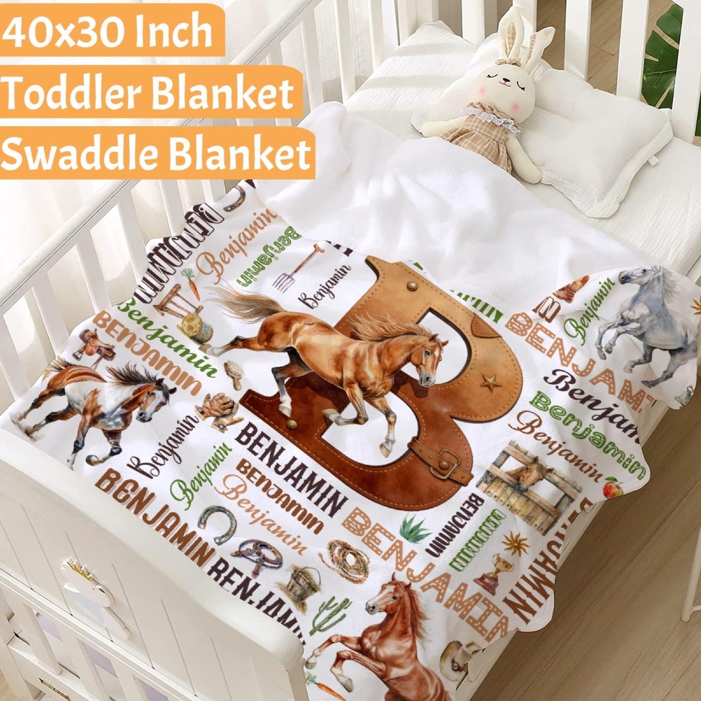 Custom Horse Blanket,Personalized Horse Gifts,Soft Flannel Throw for Bed Sofa,Lightweight,40 x 30in