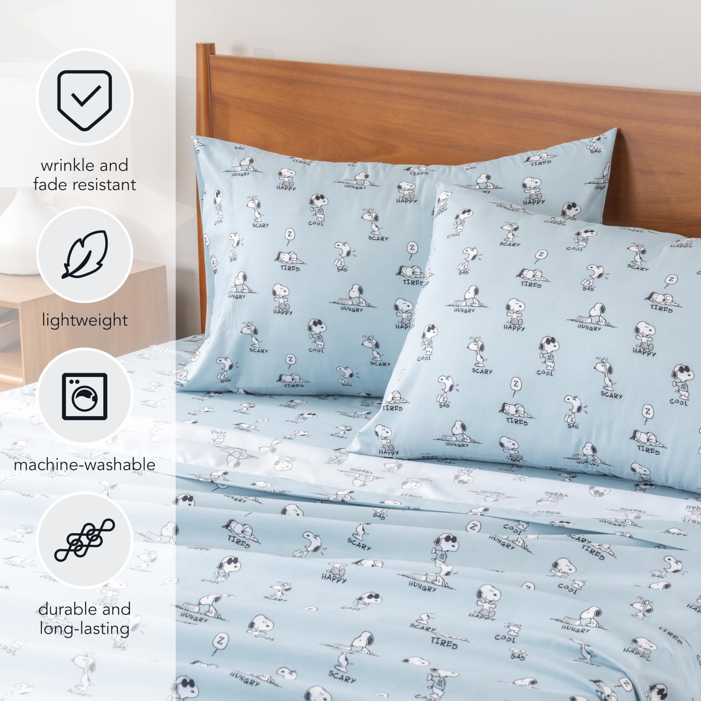 Berkshire Blanket Peanuts® Kids Sheet Set, Full Size - 4 Pieces, Peanuts® Snoopy Different Emotion Sheet Scale Murky Blue, Cute Character Snoopy Printed Soft Microfiber Bed Sheets