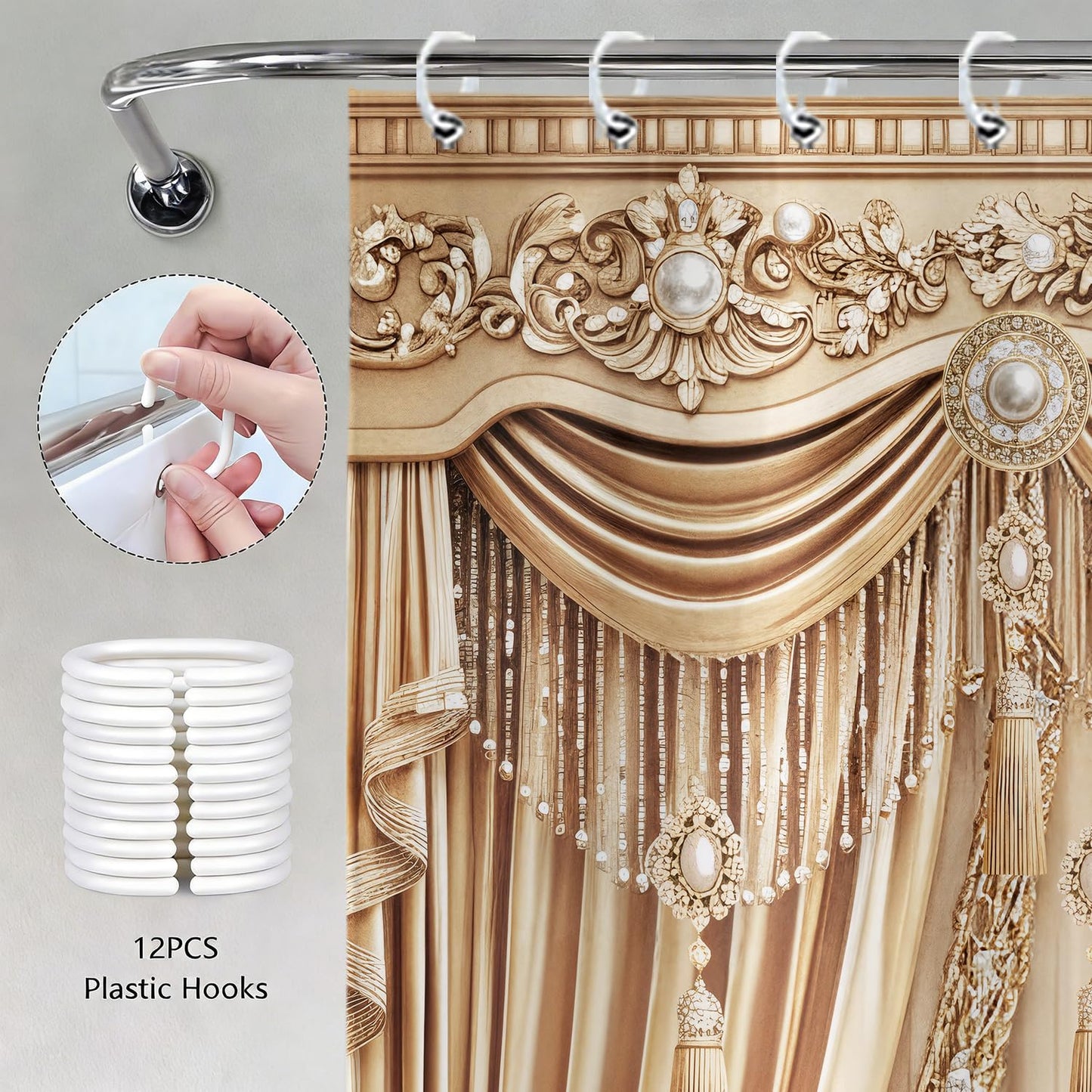 Brystan Gold Luxury Shower Curtain, Elegant Funky Champagne Modern European Style Shower Curtains Set, Vintage Ornate Aesthetic Shower Curtains for Bathroom Polyester Fabric with Hooks 72X72IN