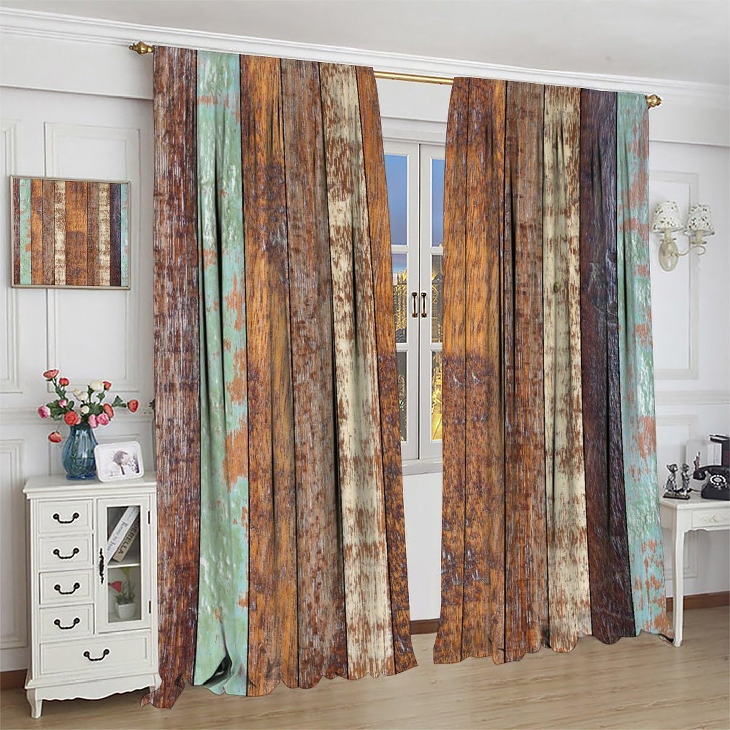 DKMQQUL Rustic Wooden Board Curtains, Color Weathered Wood Plank Farmhouse Barn Door Rod Pocket Thermal Drapes for Kitchen Living Room Bedroom Window Treatment, 42x45 Inch