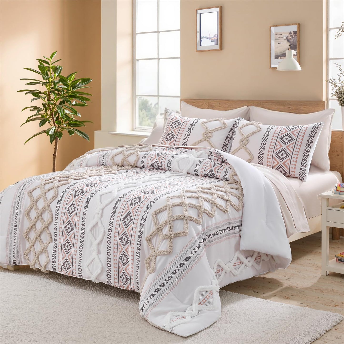 MOVE OVER Beige Tufted Comforter Set Queen Size 7 Pieces Farmhouse Bedding Set Boho Aztec Comforter Set and Sheet Set Mid Century Boho Tufted Comforter Set for All Seasons