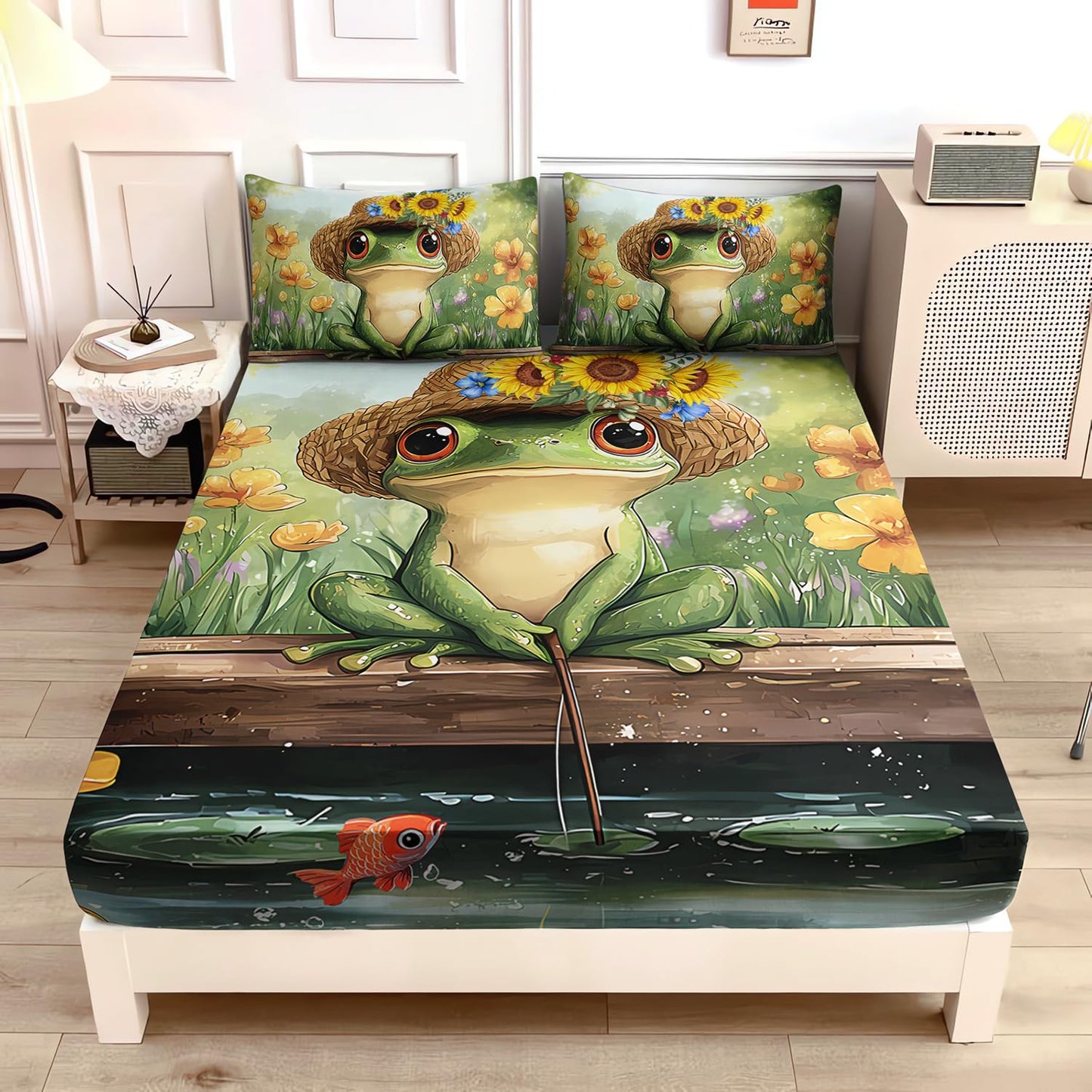 UEVBF Frog Bedding Set Full Size,Pond Grass Flowers Pattern Fitted Sheet for Kids Girls Boys Bedroom Decor,Green Nature Insect Themed Bedding Sets,1 Fitted Sheet+2 Pillowcases.