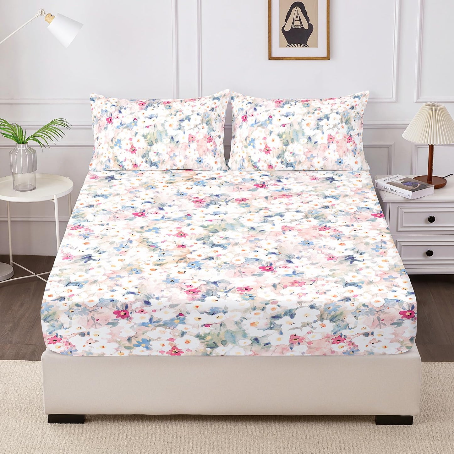 HCORA Floral Fitted Sheet with Pillow Cases, 100% Brushed Microfibre Deep Pocket Fitted Bottom Sheet, Ultra Soft, Shrinkage and Fade Resistant, Full Size