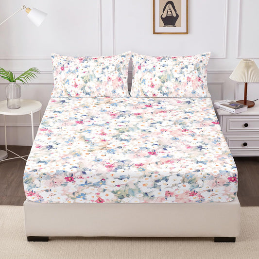 HCORA Floral Fitted Sheet with Pillow Cases, 100% Brushed Microfibre Deep Pocket Fitted Bottom Sheet, Ultra Soft, Shrinkage and Fade Resistant, Full Size