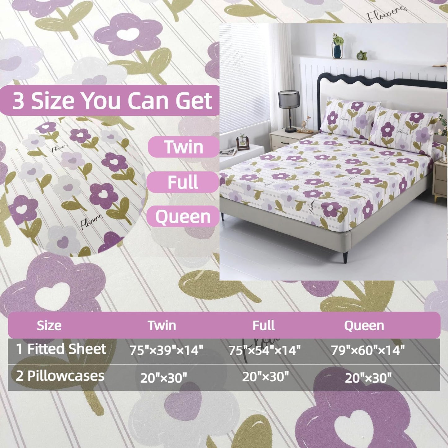 SDIII Purple Floral Fitted Sheet Full with 2 Pillowcases, Deep Pocket Soft Microfiber Purple Floral Bed Sheet Full Size All Season
