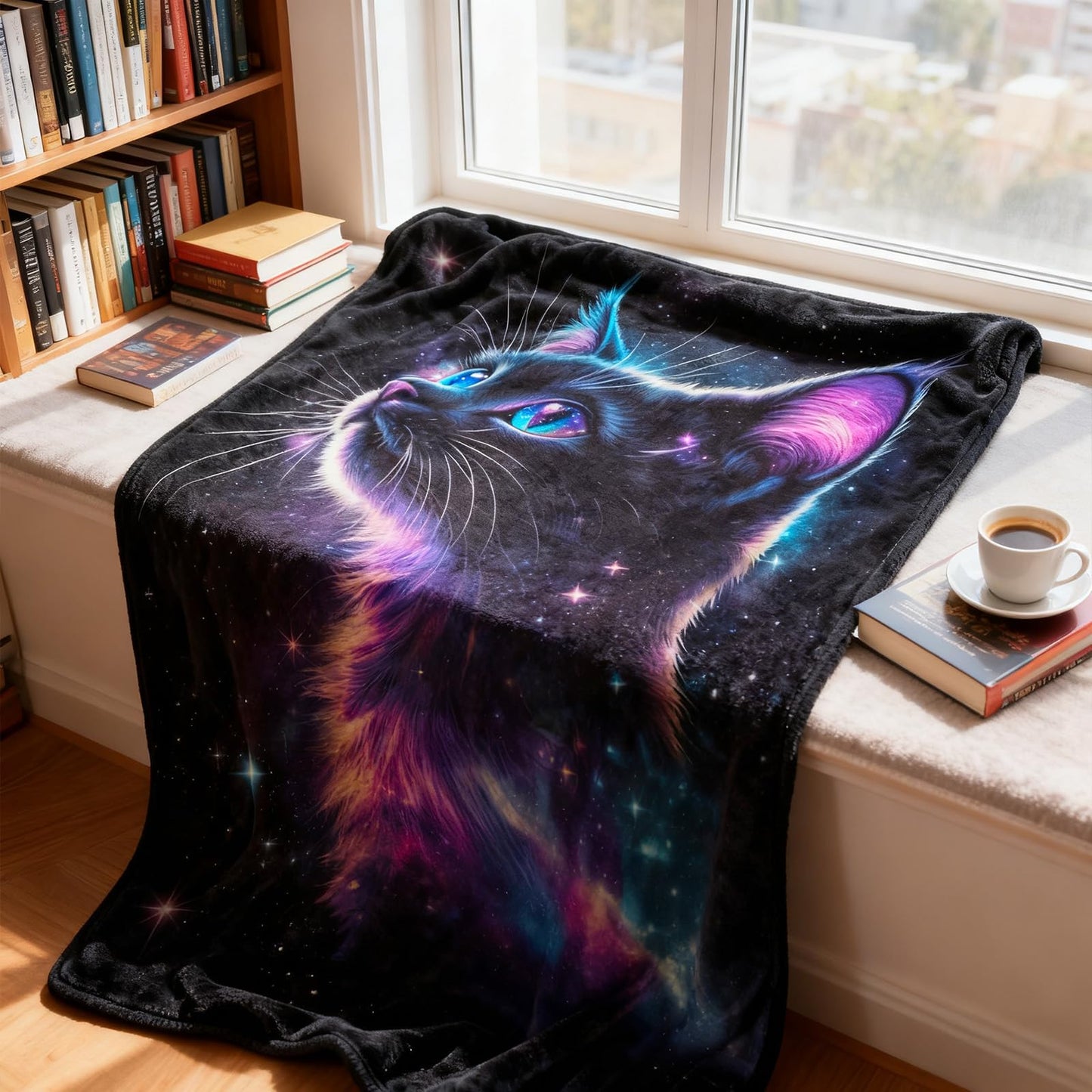 kampdream Galaxy Space Cat Flannel Blanket, Nebula and Starry Night Sky, Super Soft and Warm Couch Sofa Living Room Cute Decor Ideal Gift for Teens Girls 50×60 inch