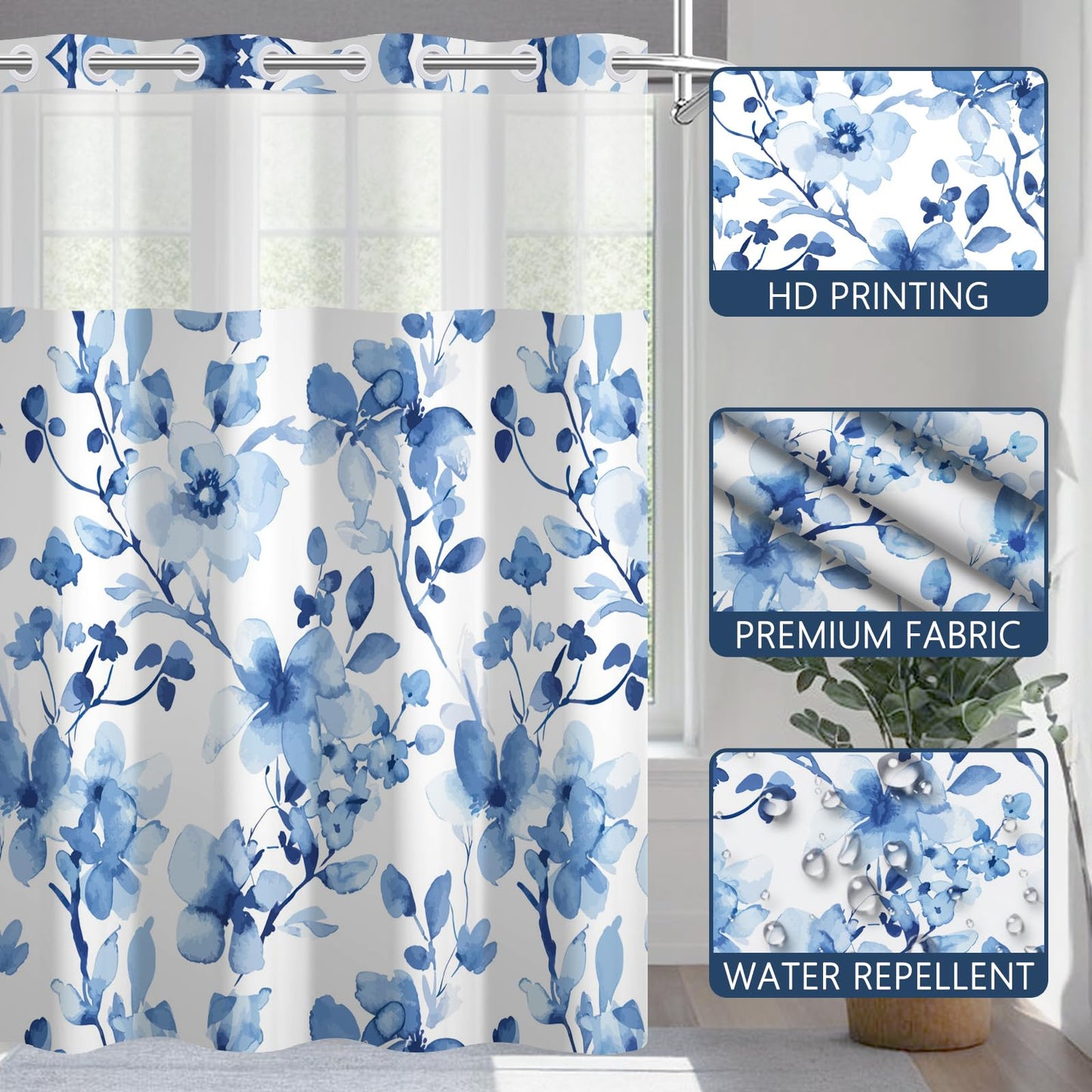 NAEMBCU No Hook Shower Curtain with Snap-in Liner 71x74 Inch