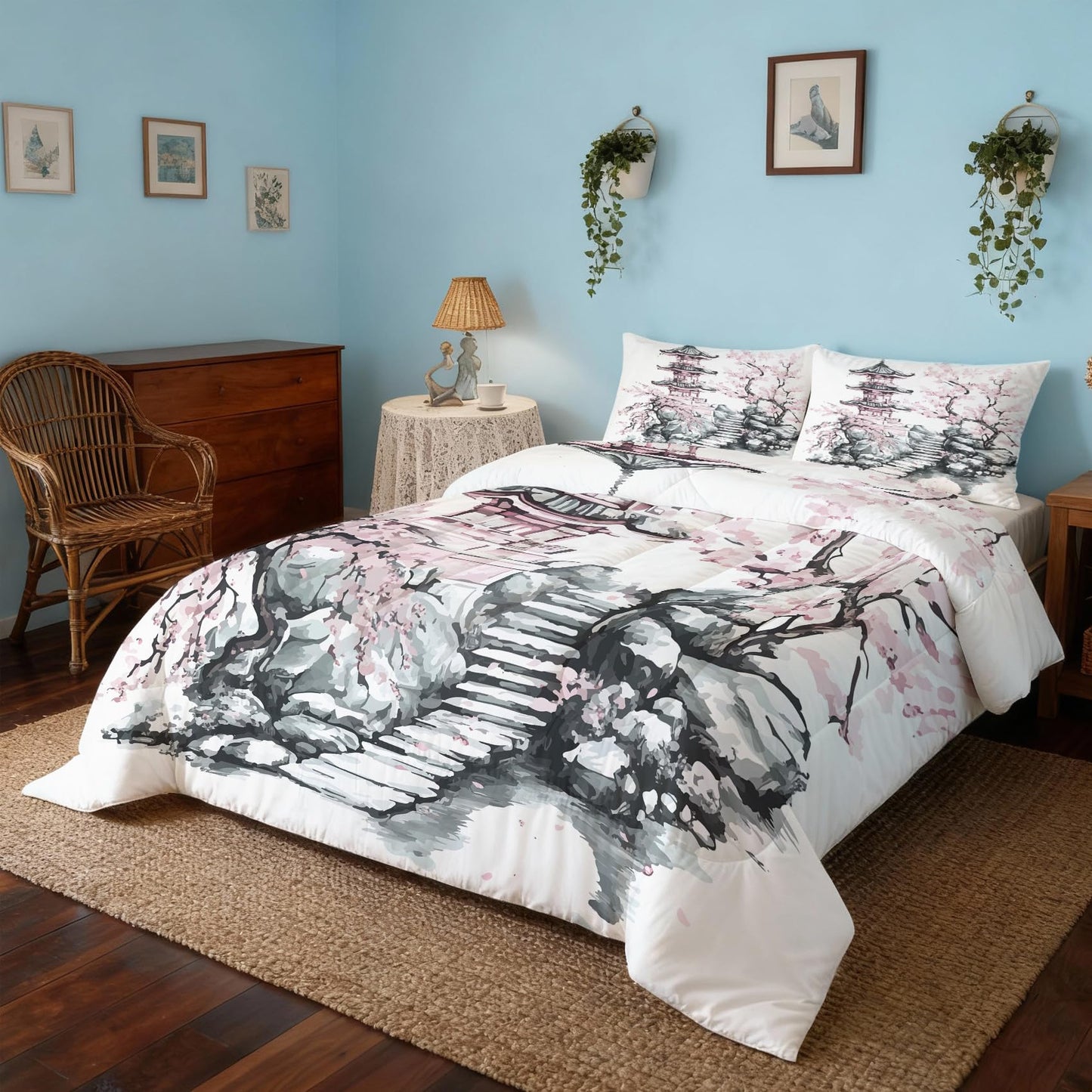 ZDABAOEC Japanese Twin Comforter Set 2 Piece, 1 Pillow Sham, Chinese Oriental Asian Style Reversible Down Alternative All Season Bedding, Soft Microfiber, Japanese Bedroom Decor