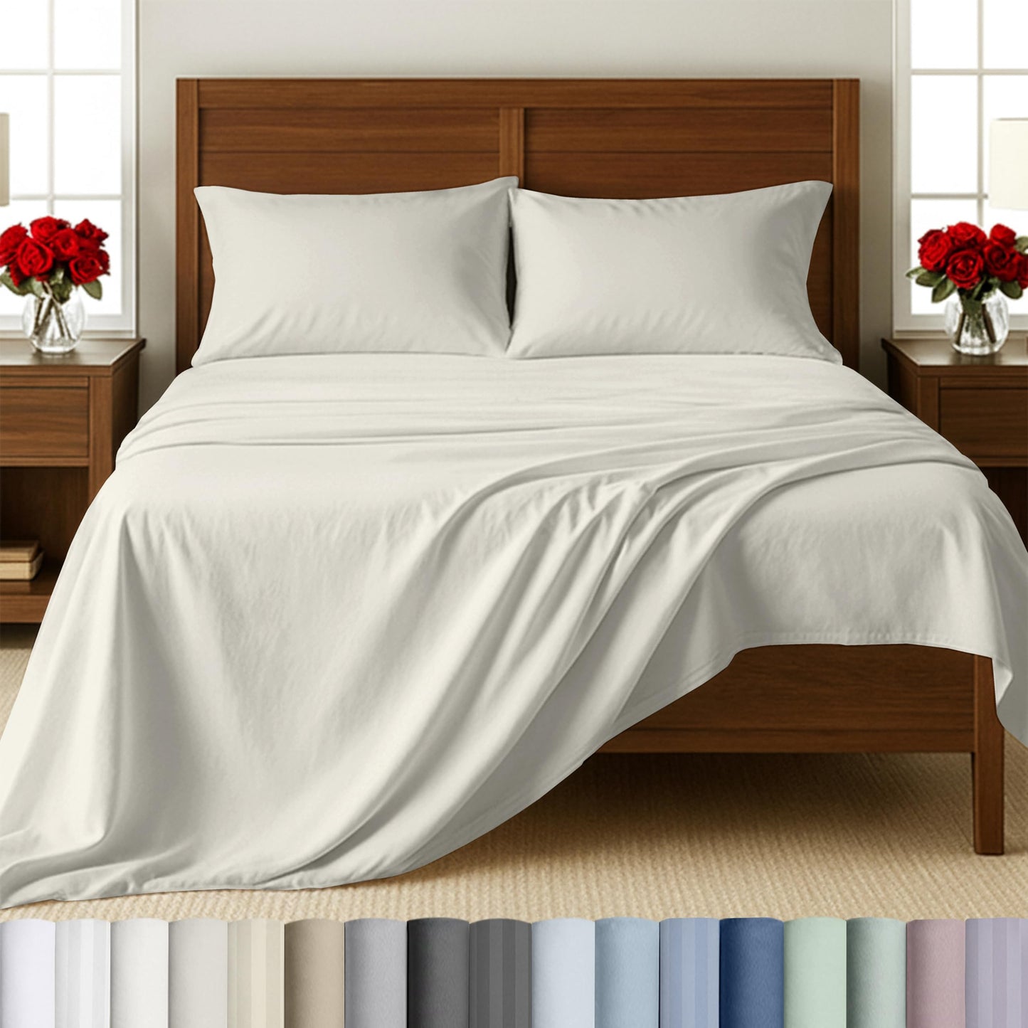 California Design Den Queen Sheets Cotton Set - 500 Thread Count Sateen, 100% Cotton Sheets Queen Size Set, Deep Pockets Bedding with All Around Elastic for a Snug Fit - Eggshell Cream
