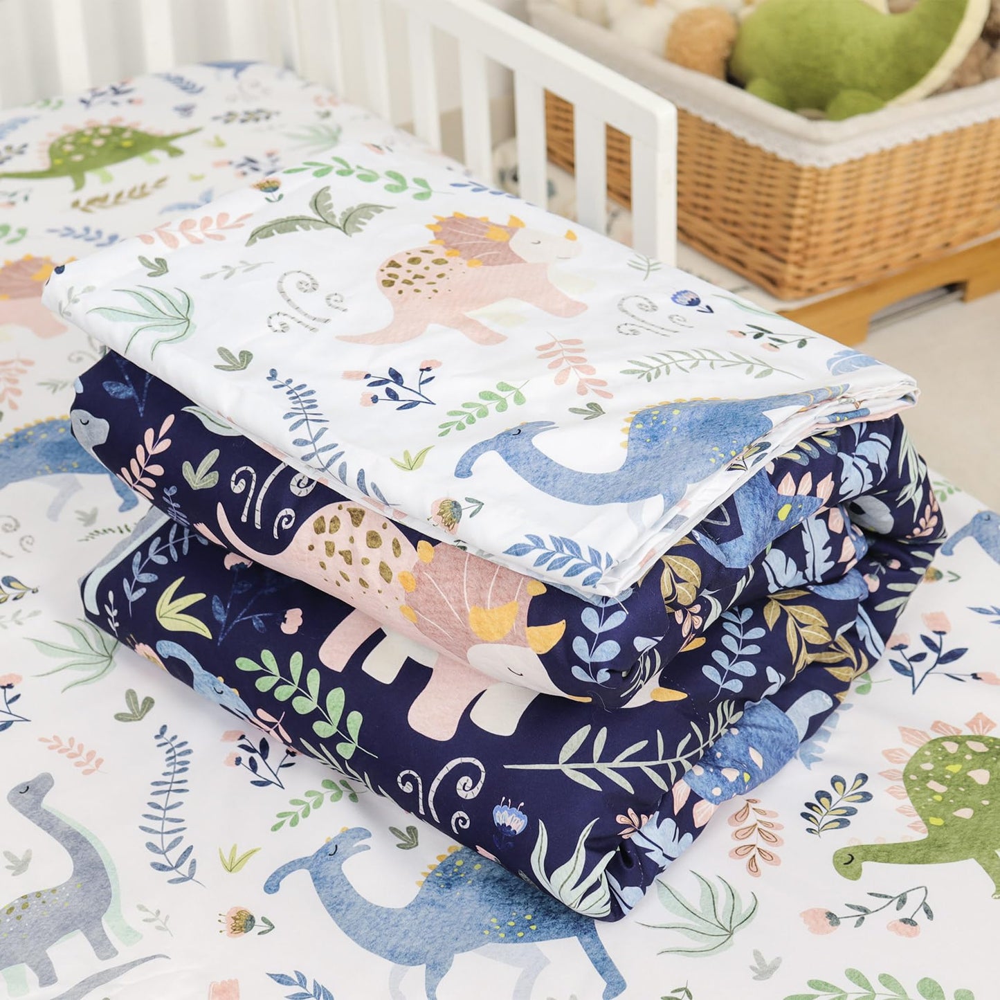Pea Pod 4 Piece Dinosaur Toddler Bedding Set for Boys, Premium Blue Toddler Comforter Set Crib Sheets Set Includes Flat Top Sheet, Fitted Sheet, Comforter, Envelope Pillowcase,Ultra Soft