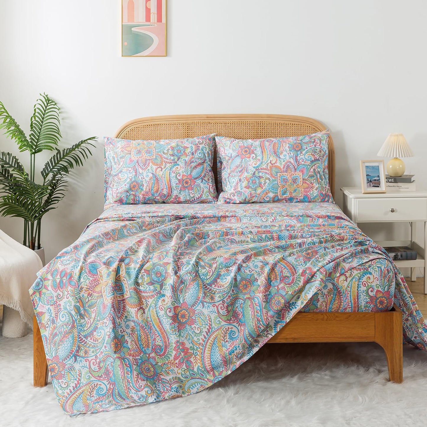 Zusbest Queen Size Bed Sheet Set 100% Cotton Pink Green Paisley Floral Sheets Watercolor Bedding Luxury Soft Breathable Crispy Cooling Percale Sheets 17.5 Inches Deep Pocket Sheets Queen, 4 Pieces