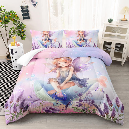 AILONEN Flower Fairy Comforter Set Twin Size, Beautiful Girl Bedding Set for Kids,Watercolor Pink Purple Quilt Set,Cute Dolphin Bed in a Bag,3 Pieces,1 Quilt and 2 Pillowcases