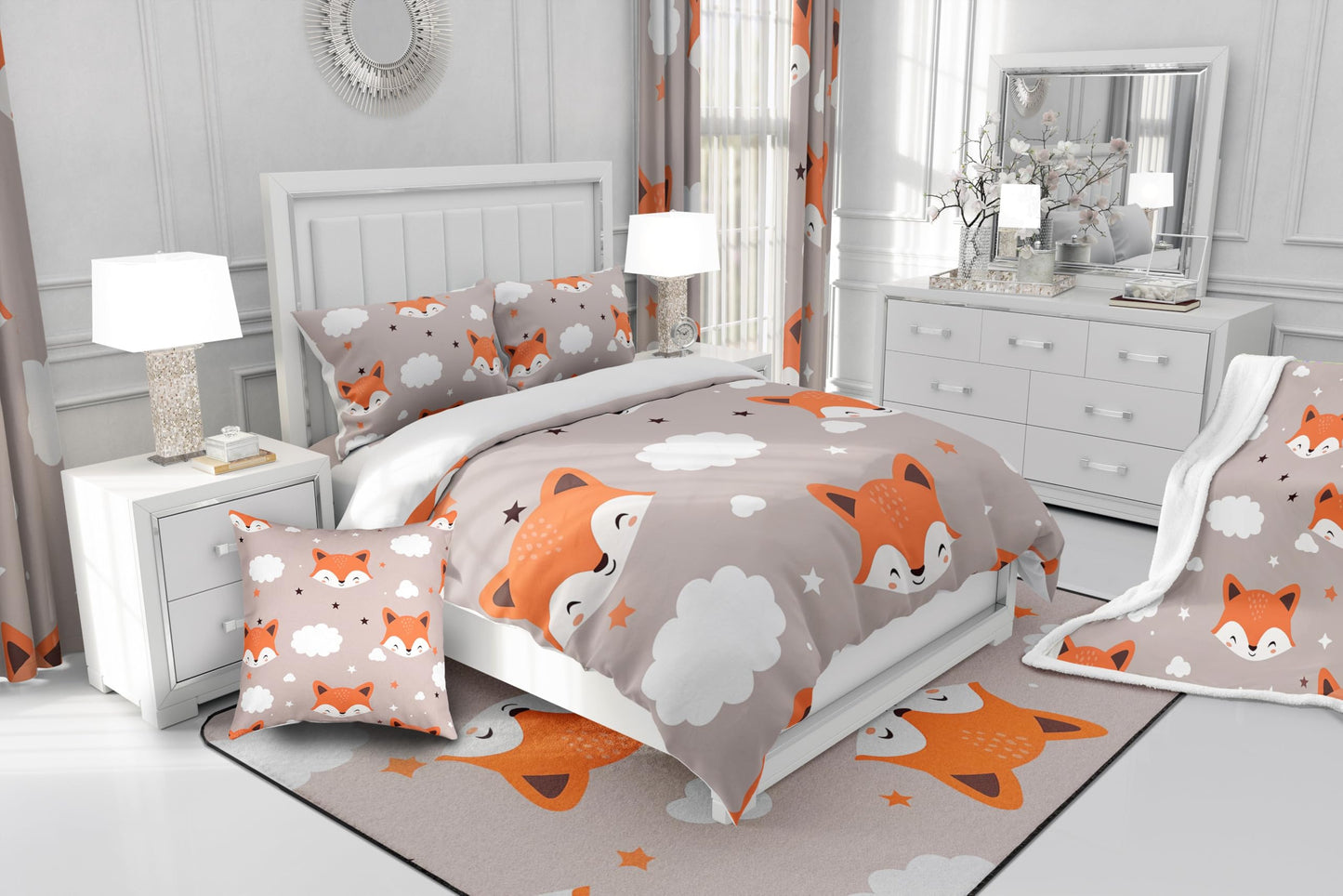 Feelyou Cute Fox Comforter Set Twin Size Kids Cartoon Fox Bedding Set for Boys Girls Teens Animal Star Cloud Comforter Breathable Woodland Fox Duvet Set Nature Wildlife Quilt Set