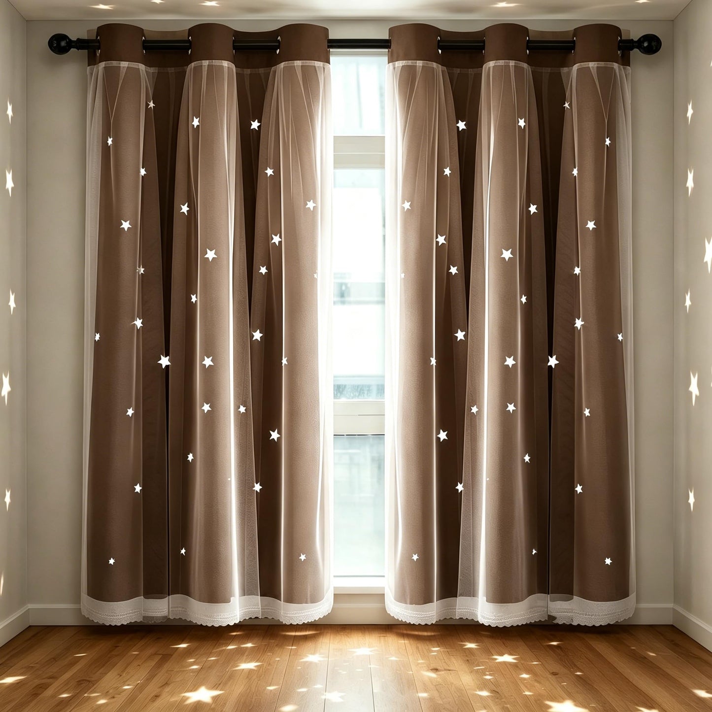 Kinryb 63 Inch Long Star Cut-Out Blackout Curtains for Bedroom Mix and Match Curtain for Kids Girls Bedroom Thermal Insulated Drape 42" W x 63" L Coffee 2 Panels