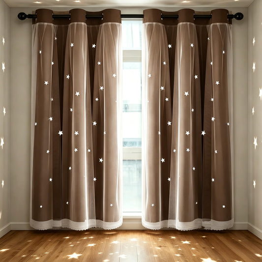 Kinryb 63 Inch Long Star Cut-Out Blackout Curtains for Bedroom Mix and Match Curtain for Kids Girls Bedroom Thermal Insulated Drape 42" W x 63" L Coffee 2 Panels