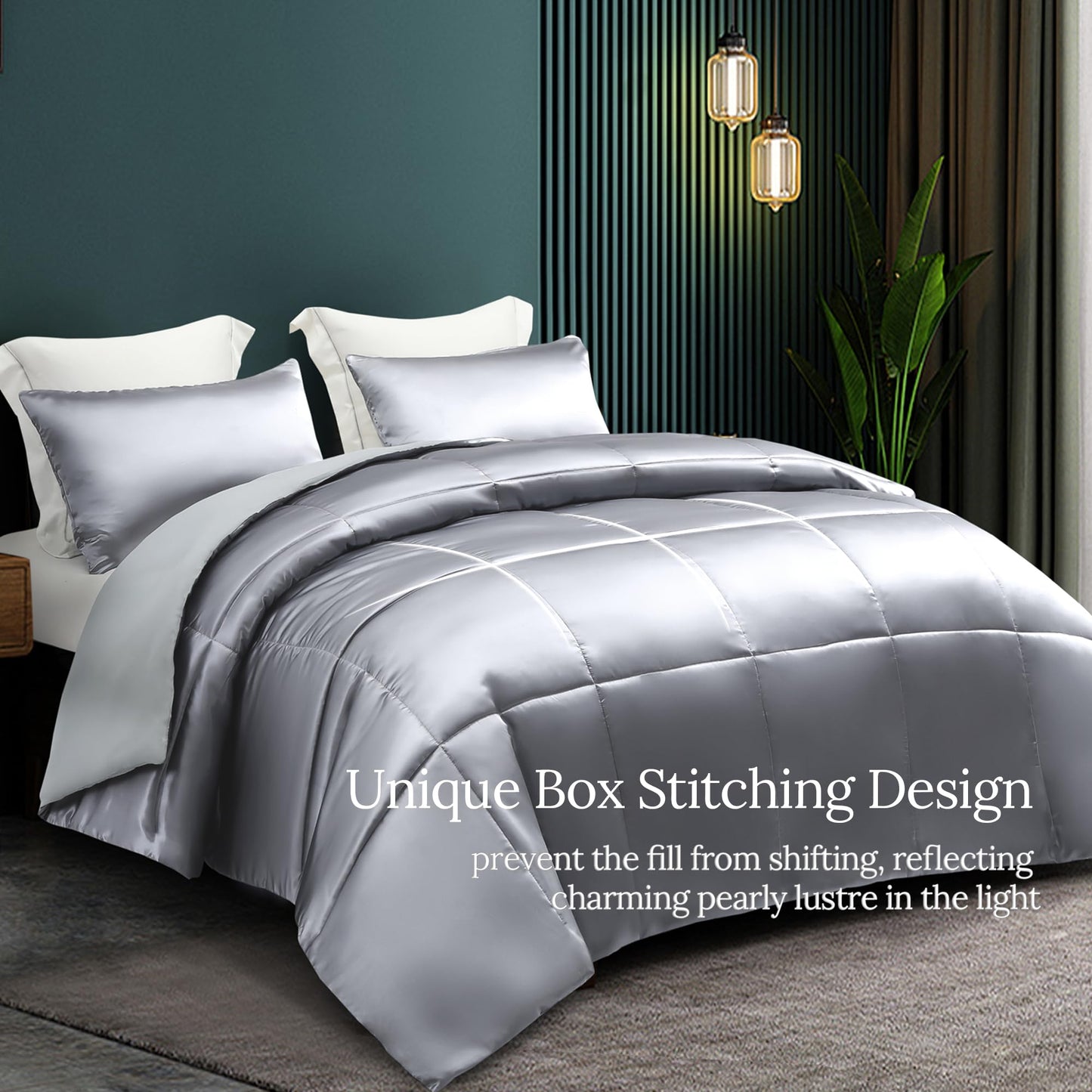 Whale Flotilla 3-Piece Reversible Silky Soft Queen Comforter Bedding Set, Luxurious Satin Comforters Full Size with 2 Satin Pillowcases, Lightweight Duvet for All Seasons, Grey