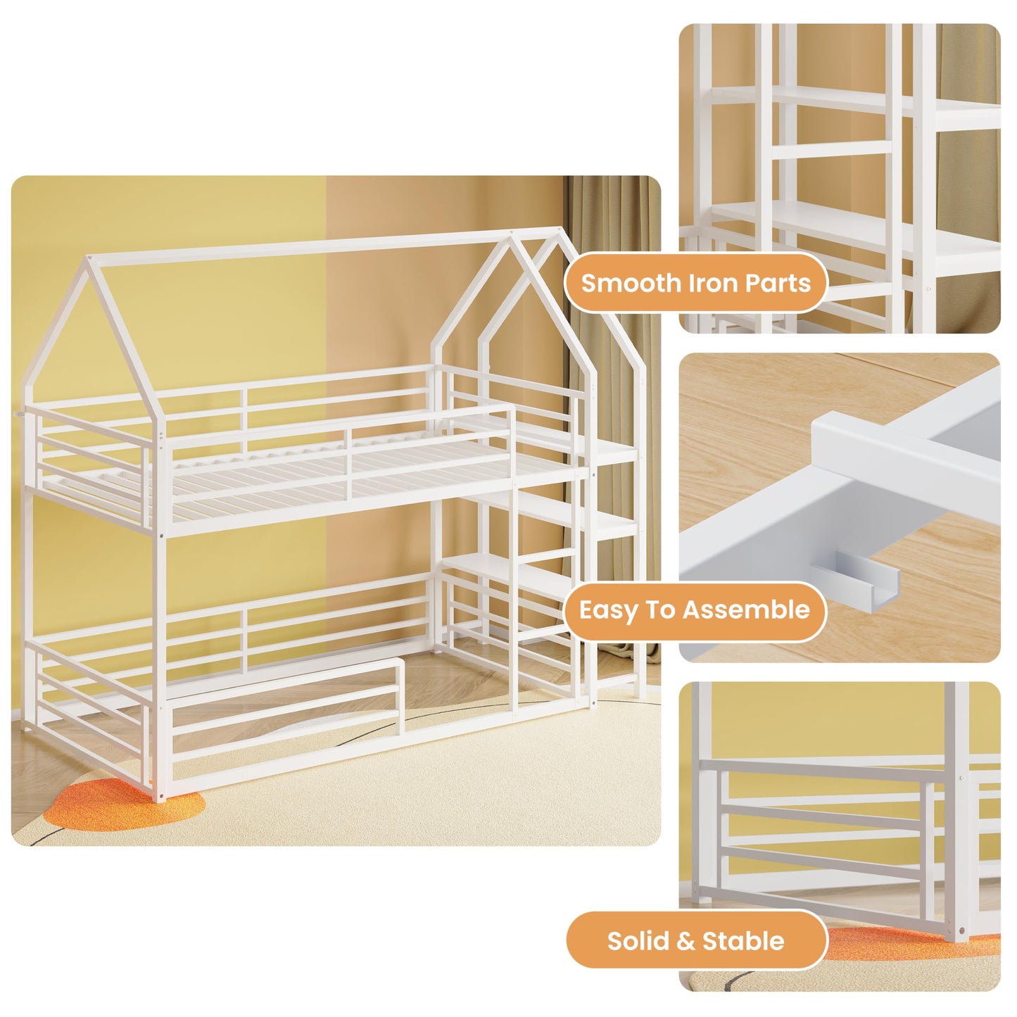 LIKIMIO Bunk Bed, Twin Bunk Beds with 3-Tier Storage Bookshelf, Bunk Bed Twin Over Twin, Metal House Bed Ladder and Safety Guardrail for Bedroom, Space Saving, No Box Spring Needed, White