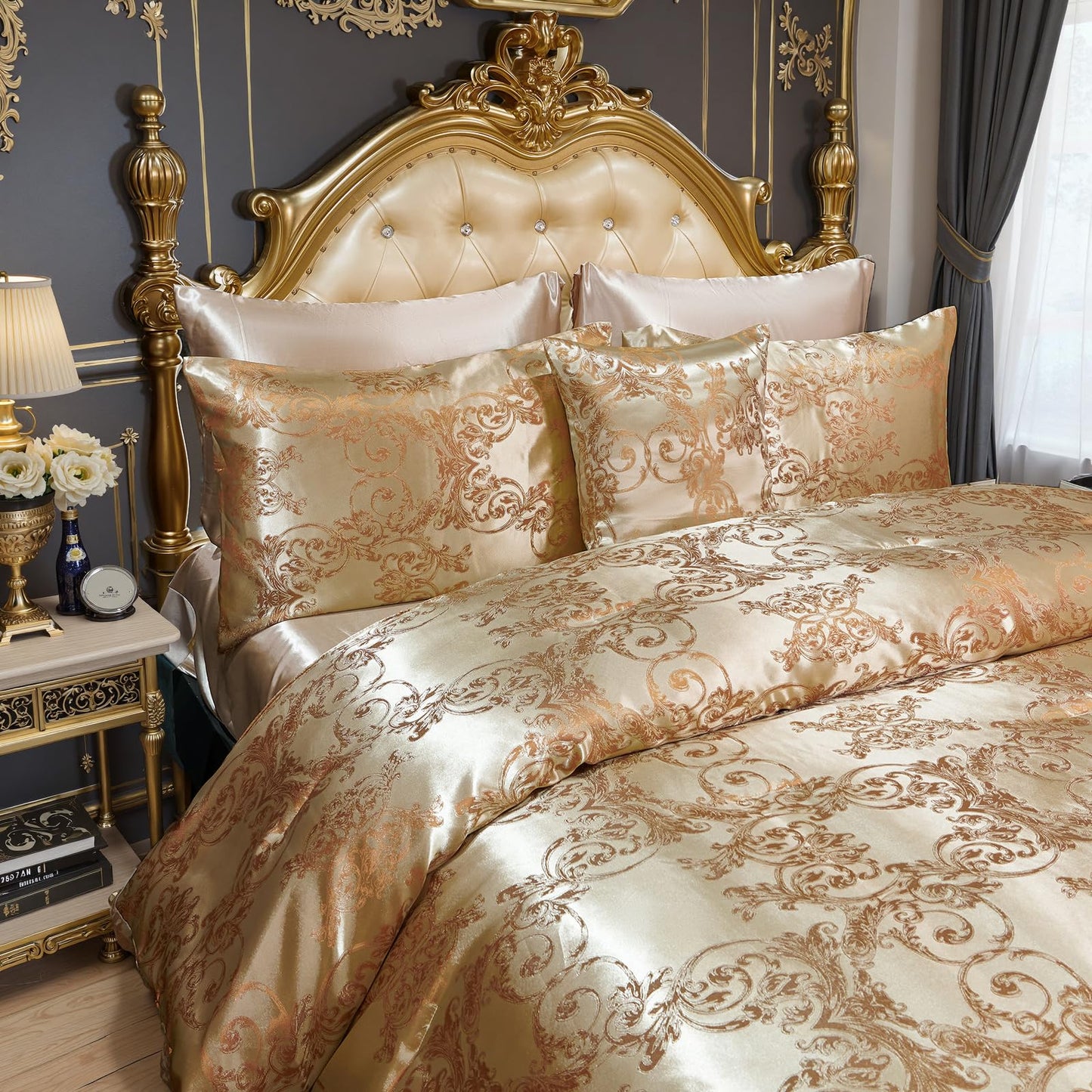 King Size 8-Piece Jacquard Comforter Set with Satin Sheets Set – Elegant Coordinated Bedding Collection for Bedroom Gold Bed-in-a-Bag