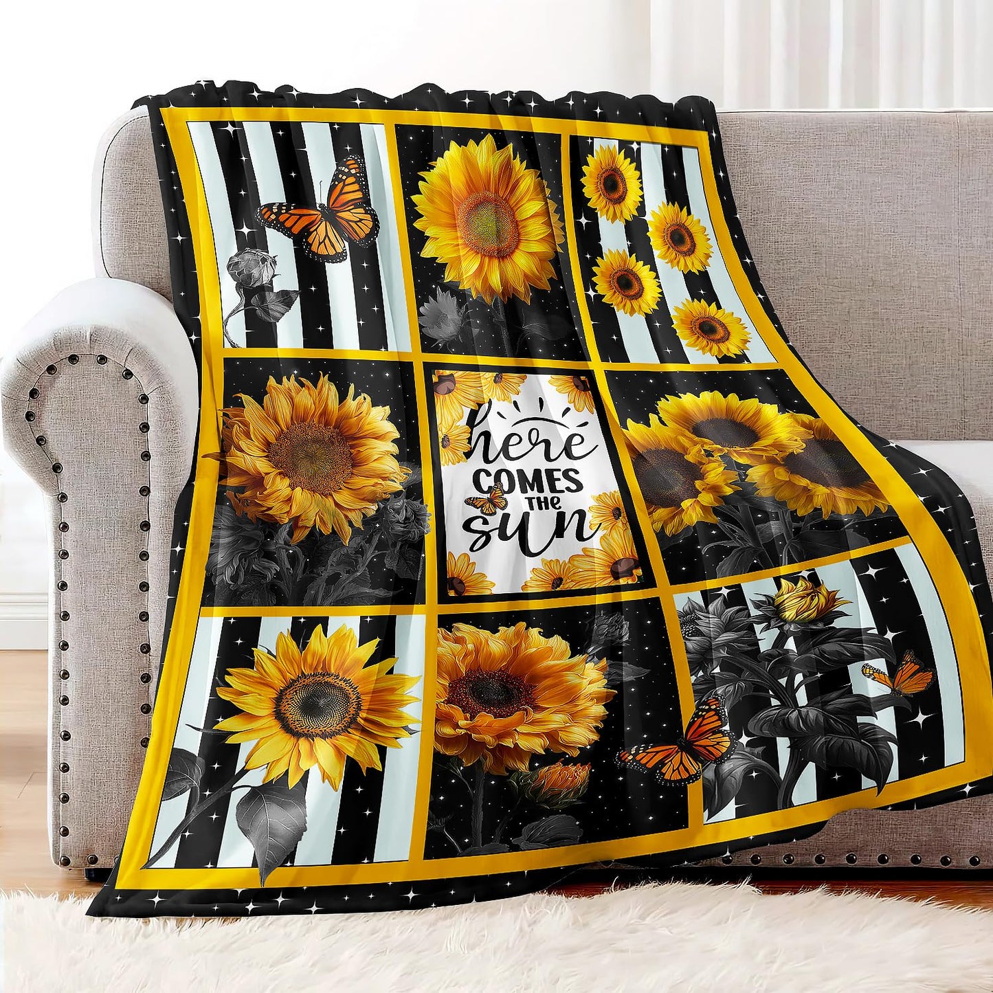 XSMEI Sunflower Throw Blanket, Stars Butterfly Stripe Design, Soft Cozy Fleece Blanket for Couch Bed, 60 x 80 Inches