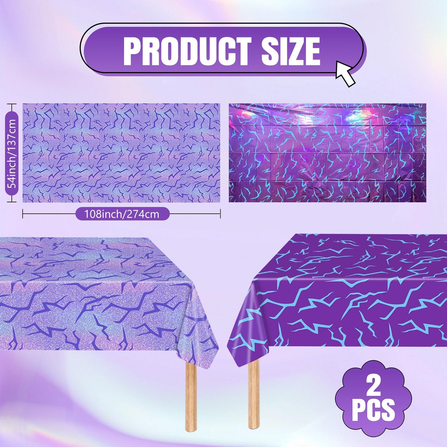 2 Pack K-Style Purple Birthday Decorations, 54x108 Inch Iridescent Holographic Laser Tablecloth Purple Lightning Pattern Disposable Waterproof Plastic Table Covers for Kids Girl Disco Halloween Party