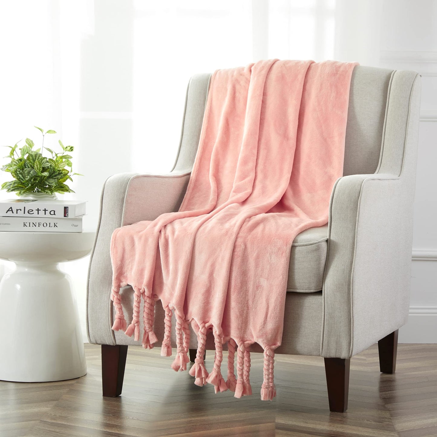 Homiest Fleece Throw Blanket with Fringe, Soft & Cozy Flannel Light Pink Blanket, Lightweight Decorative Blanket for Sofa Bed Chair All Season (Blush Pink, 50 x 60 Inch)