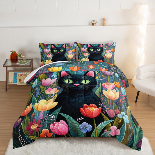 UEVBF Cute Black Cat Comforter Set Queen Size,Colorful Tulips Flowers Bedding for Kids Girls Boys Room Decor,Soft Lightweight Warm Comforer Sets with 2 Pillowcases.