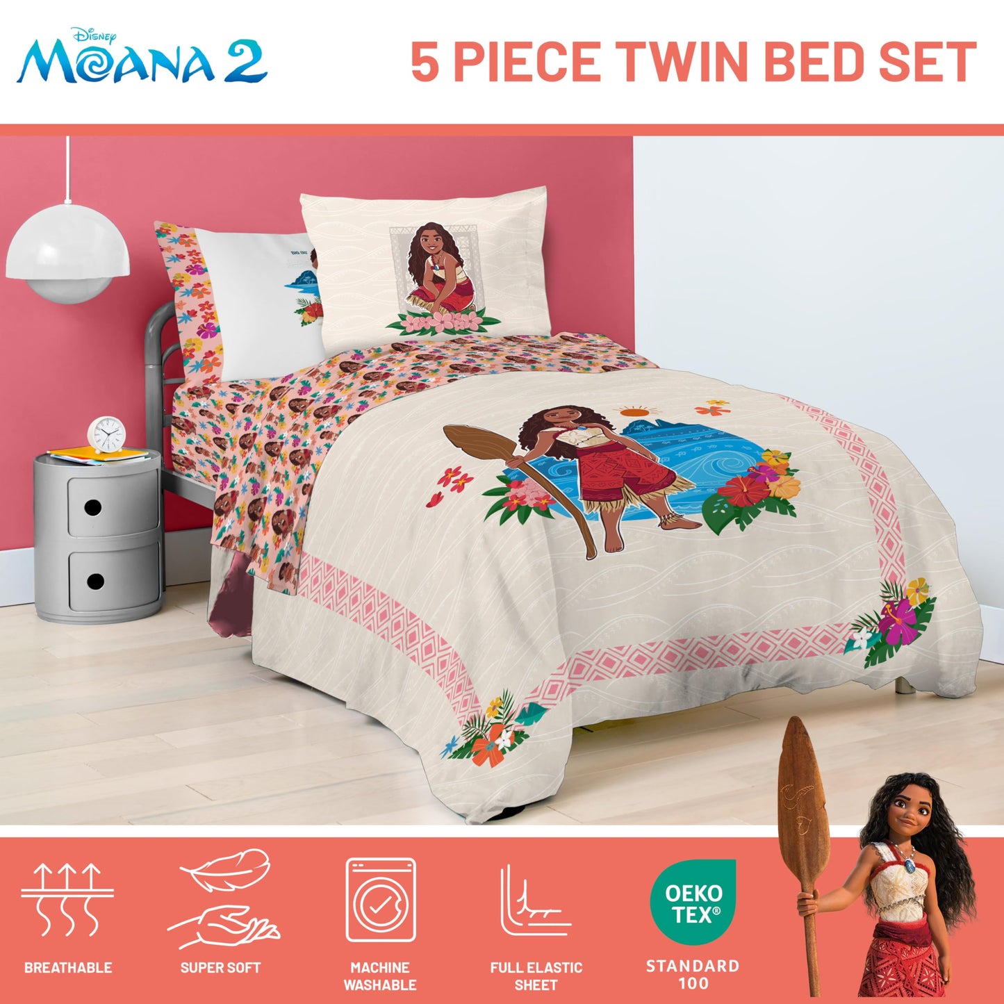 Jay Franco Disney Moana Twin Comforter Set - 5 Piece Bedding Includes Sheet Set & Pillow Covers - Super Soft Floral Cozy Bedding