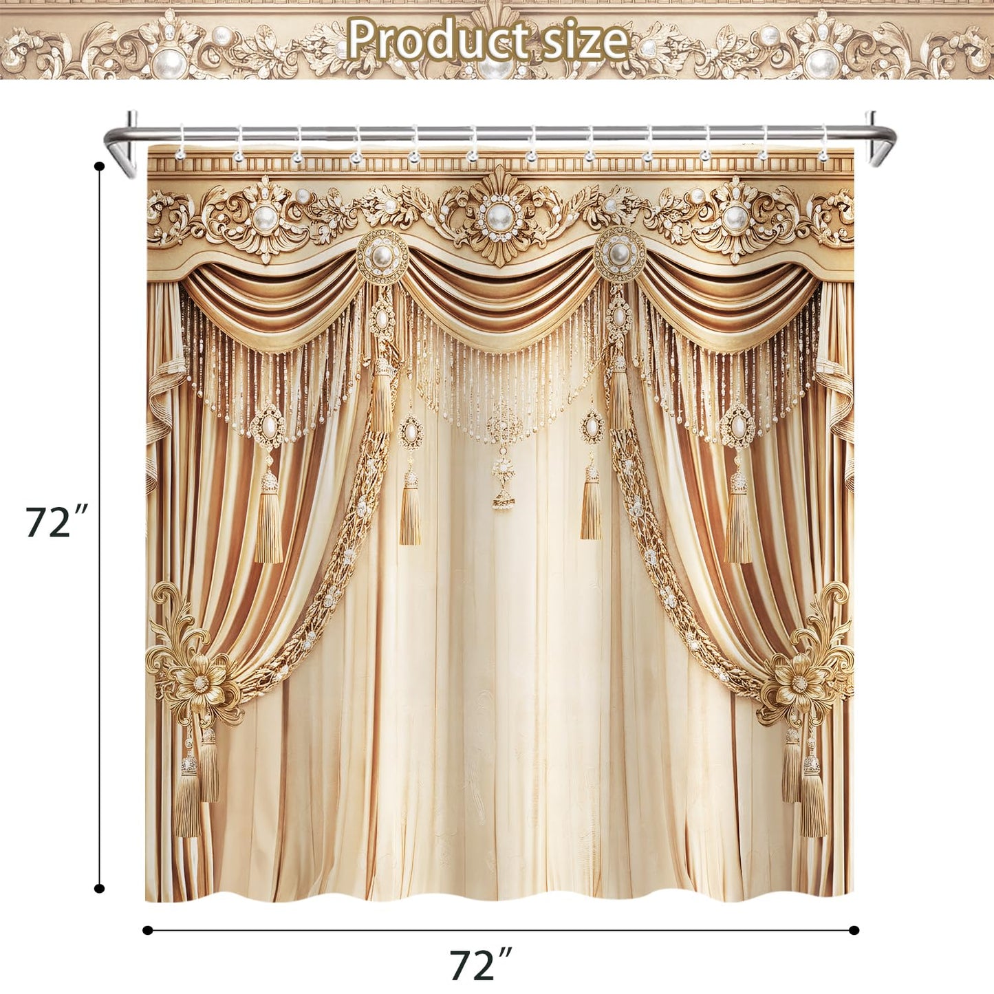 Brystan Gold Luxury Shower Curtain, Elegant Funky Champagne Modern European Style Shower Curtains Set, Vintage Ornate Aesthetic Shower Curtains for Bathroom Polyester Fabric with Hooks 72X72IN