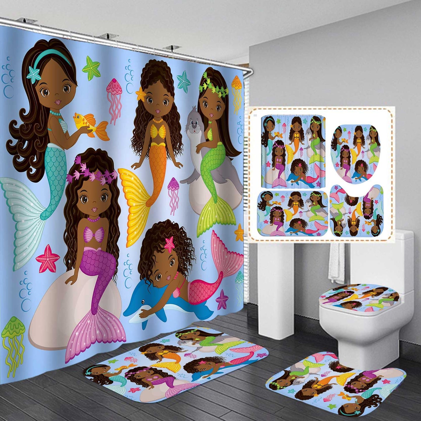 Jayden Madge 4PCS Black Mermaid Shower Curtain Set, African American Women Afro Girl Melanin Princess Underwater Jellyfish Starfish Dolphin Seal Girly Kids Bathroom Decor, Non-slip Bath Mat Toilet Rug