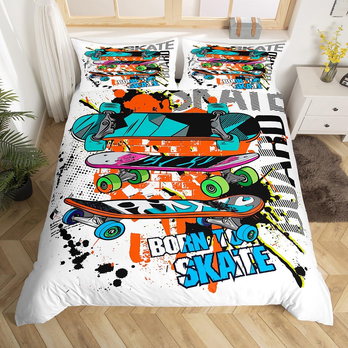 Teens Skateboard Bedding Set Boys Hipster Graffiti Style Comforter Cover for Kids Children Extreme Sports Theme Duvet Cover Cool Skate Board Bedspread Cover Room Decor With 2 Pillow Case Queen Size