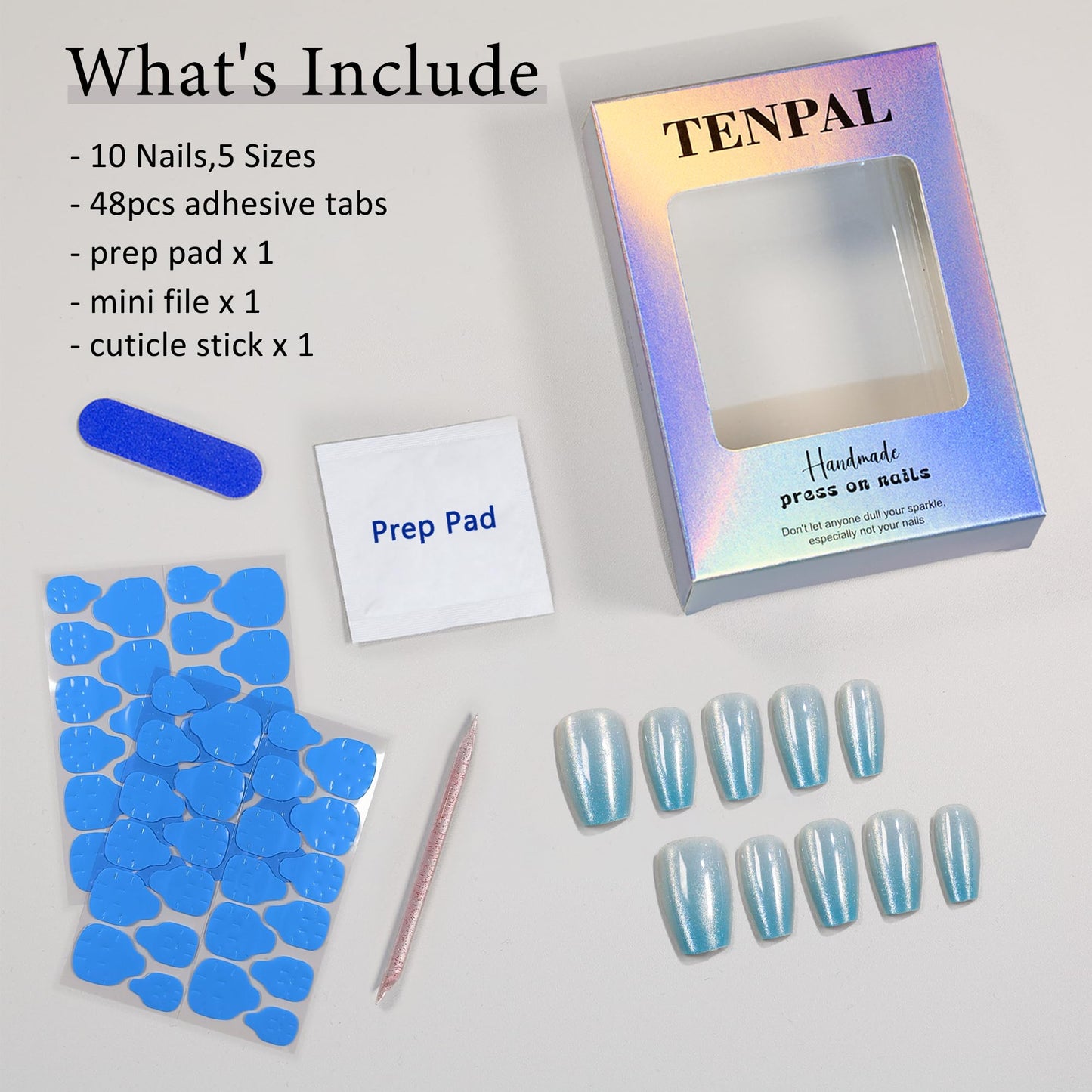 TENPAL 10Pcs Handmade Press On Nails Medium Coffin,Icy Blue Cat Eye Ombre Fake Nails w/Crystal Shimmer,Salon Quality Soft Gel Manicure Set w/Tools,Glossy Acrylic Nails for Daily Wear & Vacation(XS)