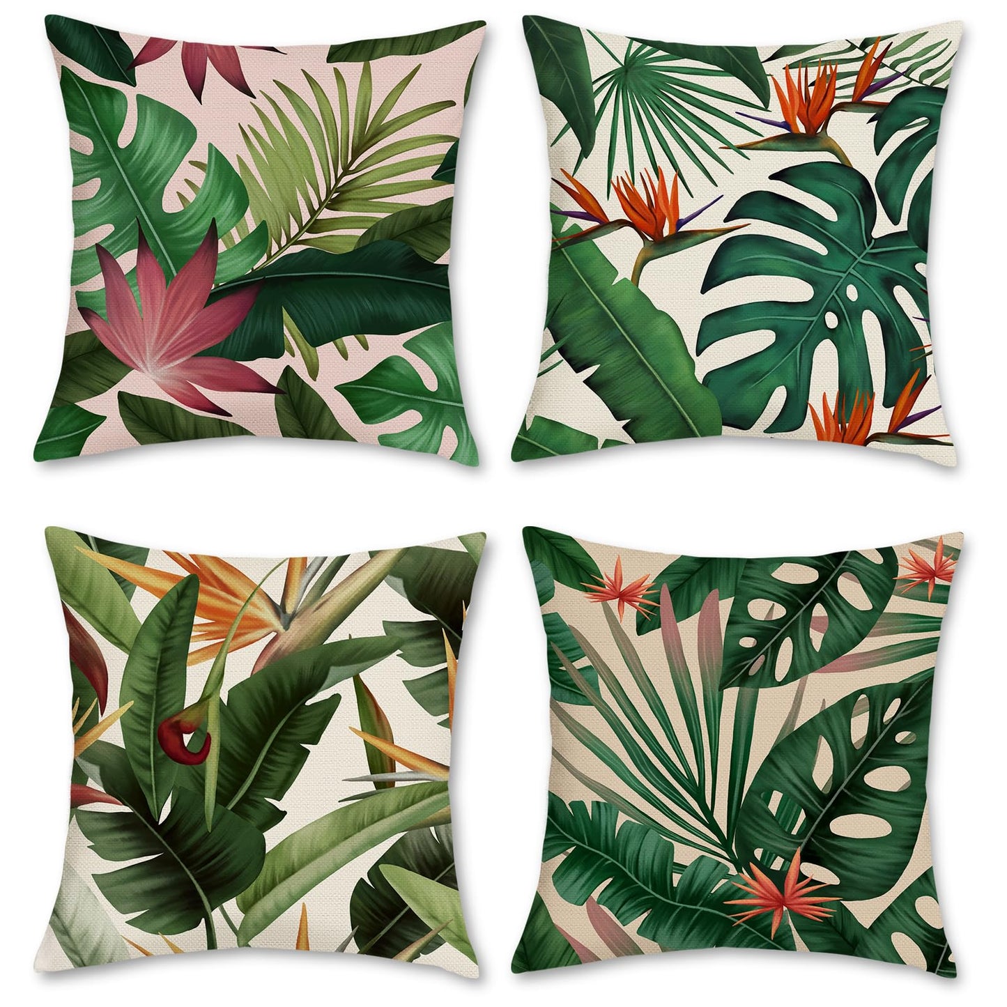 Bonhause Tropical Leaves Throw Pillow Covers 18x18 Set of 4 Green Palm Leaf Monstera Botanical Pillows Case Polyester Linen Cushion Covers for Outdoor Couch Sofa Patio Decor