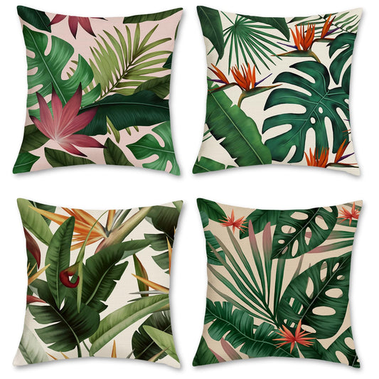 Bonhause Tropical Leaves Throw Pillow Covers 18x18 Set of 4 Green Palm Leaf Monstera Botanical Pillows Case Polyester Linen Cushion Covers for Outdoor Couch Sofa Patio Decor