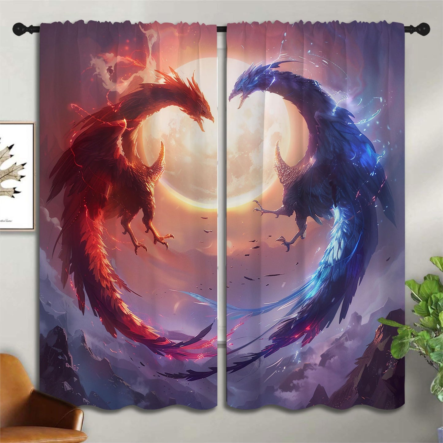 PYMATYTN Red Blue Dragon Blackout Curtains for Boys Girl Bedroom Decor,Fantasy Creature Abstract Art Thermal Insulated Rod Pocket Drapes Darkening Window Curtain for Living Room Home 55x63 inch