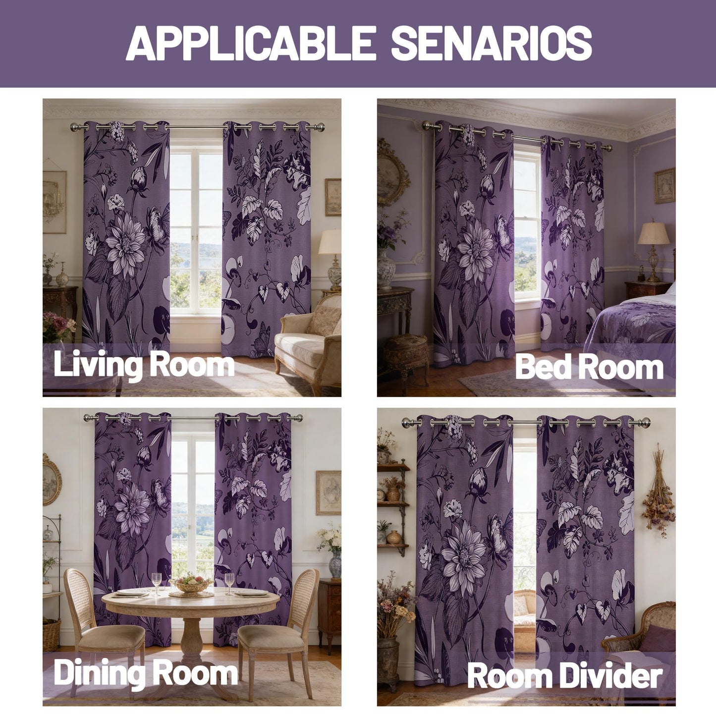 soeeao Dark Purple Vintage Botanical Blackout Curtains Patterned Purple Floral Window Drapes for Plum Bedroom Living Room, 84 inch Length 2 Panels Set, 52x84 inch