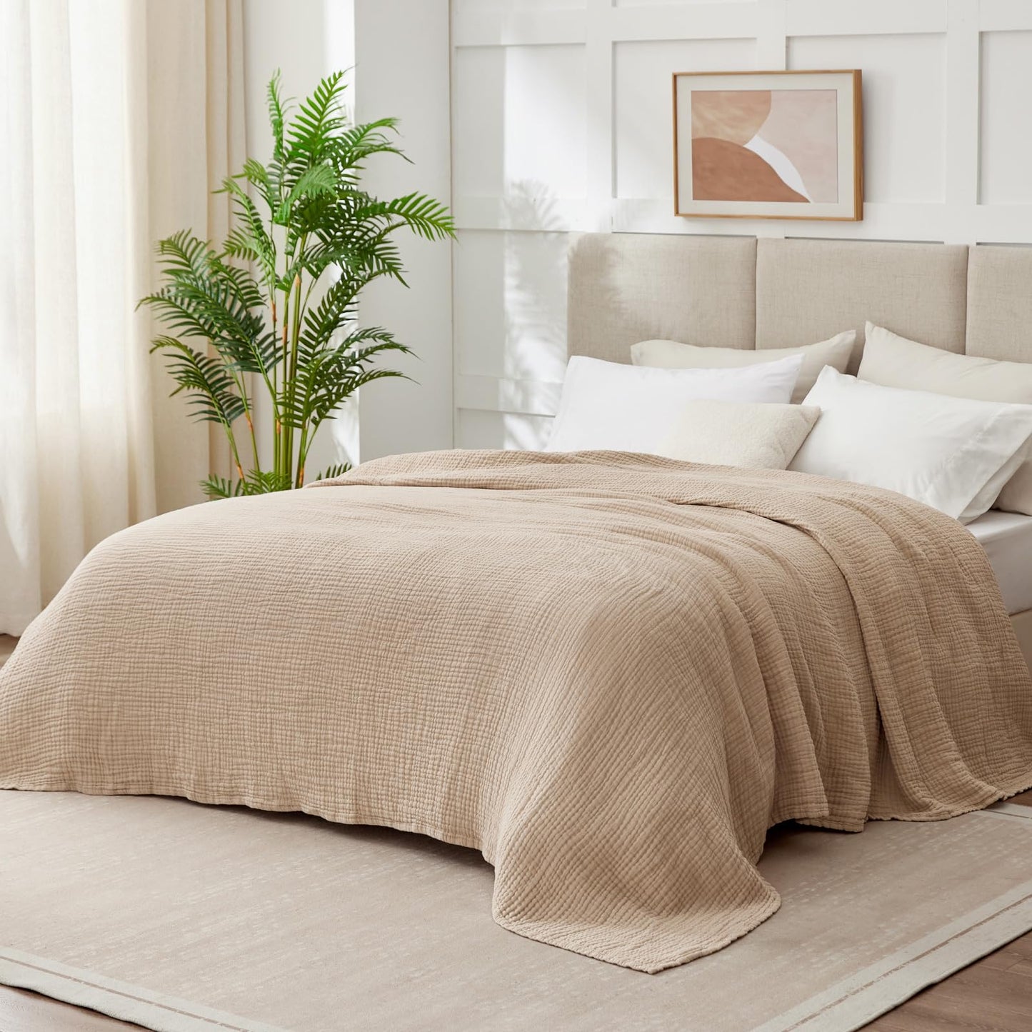 Kozyhvn 100% Cotton King Size Blankets for Bed 108" x 90", 6 Layers Cooling and Soft Muslin Throw Blanket, Lightweight Quilt Bedspread Coverlet, Gauze Blanket for Adults All Season, Linen Beige