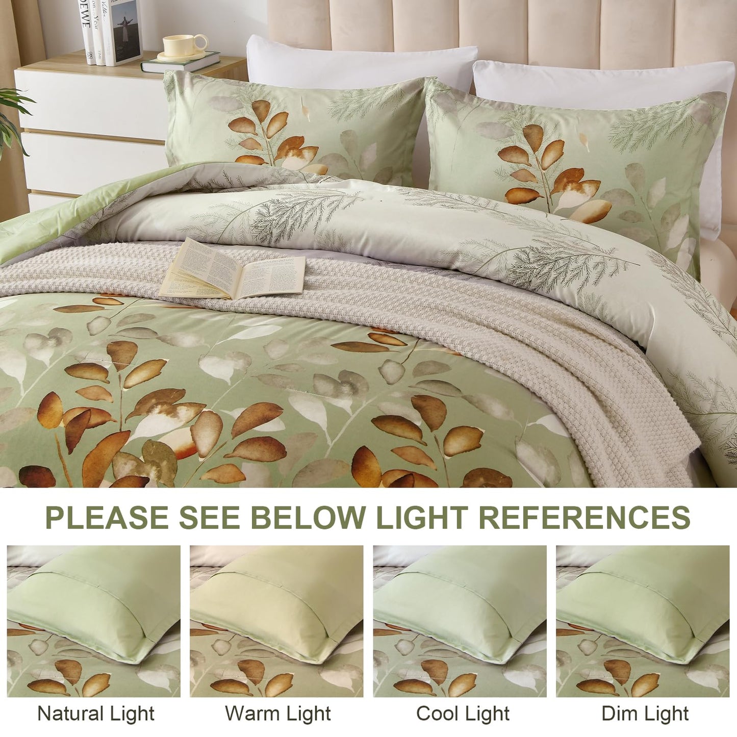 DJY King Size Comforter Set, Green Brown Botanical Leaves Comforter Set King, 3 Pieces Reversible Brown Floral Bed Comforter Sets Soft Microfiber Bedding Comforter Set for All Season (104"x90")